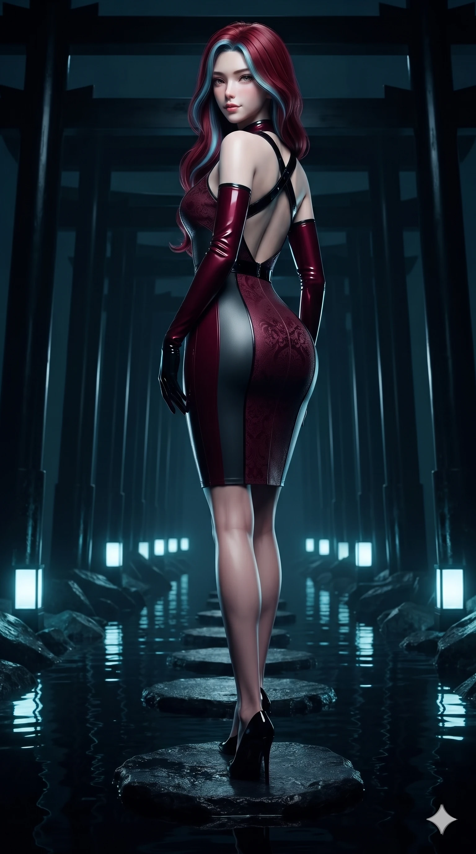 score_9, masterpiece, best quality, ultra-detailed, high-budget anime keyframe, editorial fashion photography, tasteful artistic composition, Caucasian woman. low angle full-body shot from head to toe showing her feet, filling the entire 9:16 vertical frame with her statuesque presence, stretching her vertical silhouette. walking through the endless corridor of black lacquer Torii gates at midnight with hypnotic feline grace while standing poised on a floating obsidian stepping stone in the still reflecting pool, arching her lower back with sovereign supermodel grace. The surrounding environment is rendered in vivid detail and crisp panoramic clarity: sharp wet basalt rock grain, submerged stainless steel light housings, and pristine water surface reflections in deep focus. She has an absolutely perfect, statuesque 8.5-heads proportion, an exceptionally tall and slender model-like female figure with impossibly long slender legs, an ultra-slim waist, a flat toned midriff, narrow delicate ribcage, and beautifully sculpted feminine hips creating a graceful, slim hourglass silhouette without any bulky heaviness. sharp v-shaped jawline, high-bridge nose, intricate jewel-like dark sparkling eyes with hypnotic seductive depth, thick curled eyelashes, glossy parted lips with a natural wine sheen, alluring bedroom-eyes with an enigmatic smoldering smile, exuding magnetic sovereign charisma and dark avant-garde glamour, flawlessly proportioned anatomical accuracy, strict slender model proportions, natural body alignment, perfectly sculpted long slender limbs, ultra-slim waistline, clean dynamic posture without body distortion. wearing a precision-fitted bodycon dress in high-gloss liquid vinyl in deep crimson burgundy and matte charcoal, tailored from rich silk jacquard with subtle embossed baroque patterns, featuring an open-back criss-cross harness strap in patent black leather, the glove-like silhouette tightly following the natural contour of her hips and long slender legs with youthful 8.5-heads elegance. illuminated by water reflection upward bounce and sharp electric-cyan rim lights defining her razor-sharp jawline, narrow waist, and curvy hips. ultra-reflective glossy finish, specular highlights, metallic sheen, high-contrast stereoscopic depth, volumetric dynamic lighting, 2k, ultra detail, master piece, 9:16 ratio