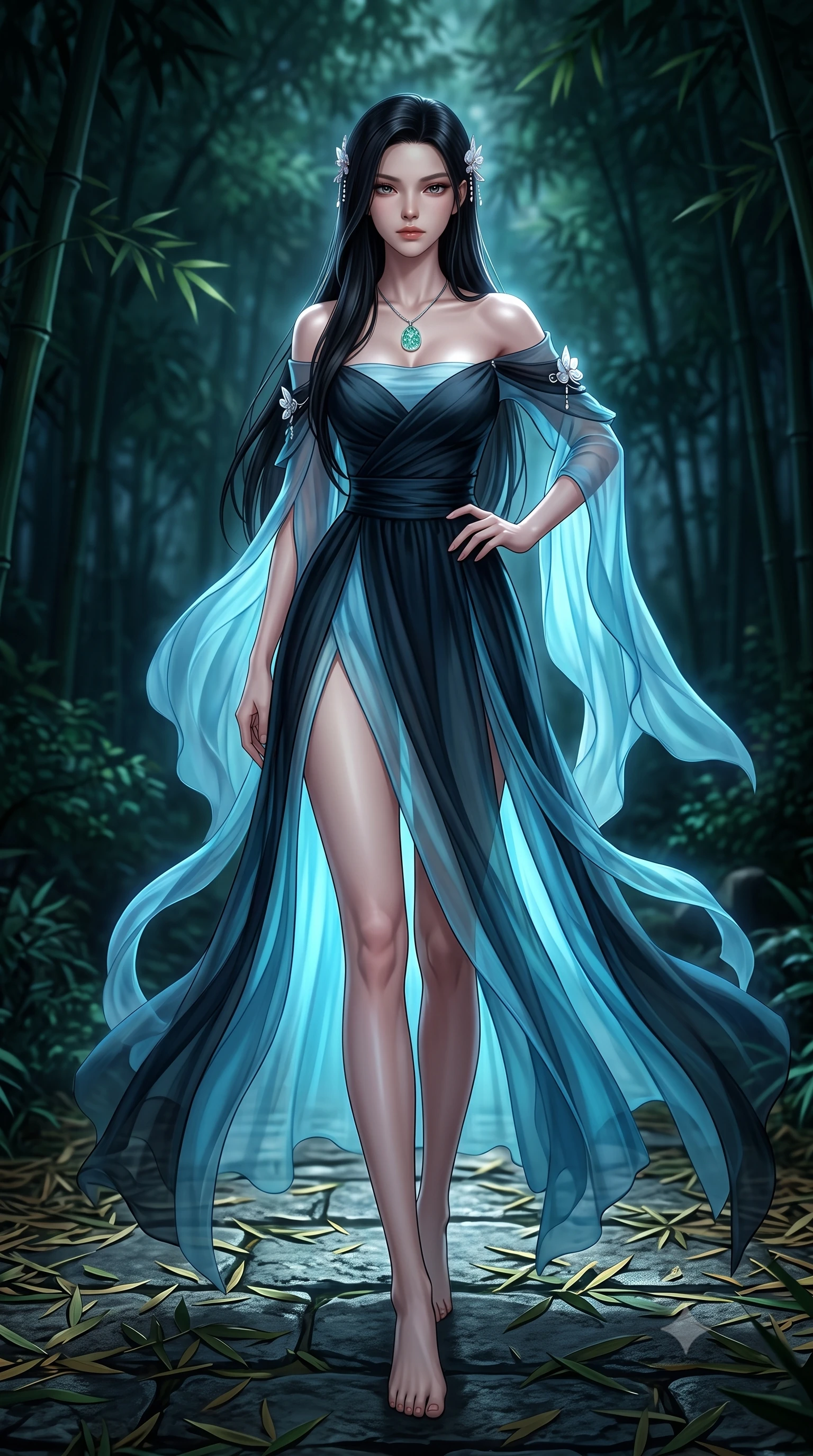 score_9, masterpiece, best quality, ultra-detailed, high-budget anime keyframe, semi-realistic 3D game render, editorial fashion photography, tasteful artistic composition, Korean woman. low angle full-body shot from head to toe showing her feet, filling the entire 9:16 vertical frame with her statuesque presence, stretching her vertical silhouette. standing poised with one hip cocked in an alluring high-fashion pose, her tall 8.5-heads proportions dominating the scene while striding along a stone path covered in fallen bamboo leaves with effortless, otherworldly supernatural balance. The surrounding environment is rendered in vivid detail and crisp panoramic clarity. deep mystical forest chiaroscuro and sacred woodland spirit sanctuary aesthetics rendered in precision. She has an absolutely perfect, statuesque 8.5-heads proportion, an exceptionally tall and slender model-like female figure with impossibly long slender legs, a toned flat midriff, and an ultra-slim waist. sharp v-shaped jawline, high-bridge nose, intricate jewel-like eyes with depth, thick eyelashes, glossy lips with a natural sheen, captivating and magnetic expression, flawlessly proportioned anatomical accuracy, strict slender model proportions, natural body alignment, perfectly sculpted long slender limbs, ultra-slim waistline, clean dynamic posture without body distortion. wearing a celestial lotus-inspired layered chiffon gown with an exposed clavicle bodice in dark ink-wash black and radiant moonlight cyan, crafted from sheer cascading chiffon that ripples like water, accented with mother-of-pearl hair ornaments and a carved jade pendant, the sleek tailored cut tightly hugging her graceful clavicle, narrow waist, and feminine curves with statuesque precision. illuminated by ethereal glow highlighting her sculpted collarbones, waistline, and slender silhouette. highly saturated vibrant anime colors, detailed shading with soft gradients, rich glossy textures, high-contrast stereoscopic depth, volumetric dynamic lighting, master piece, 9:16 ratio