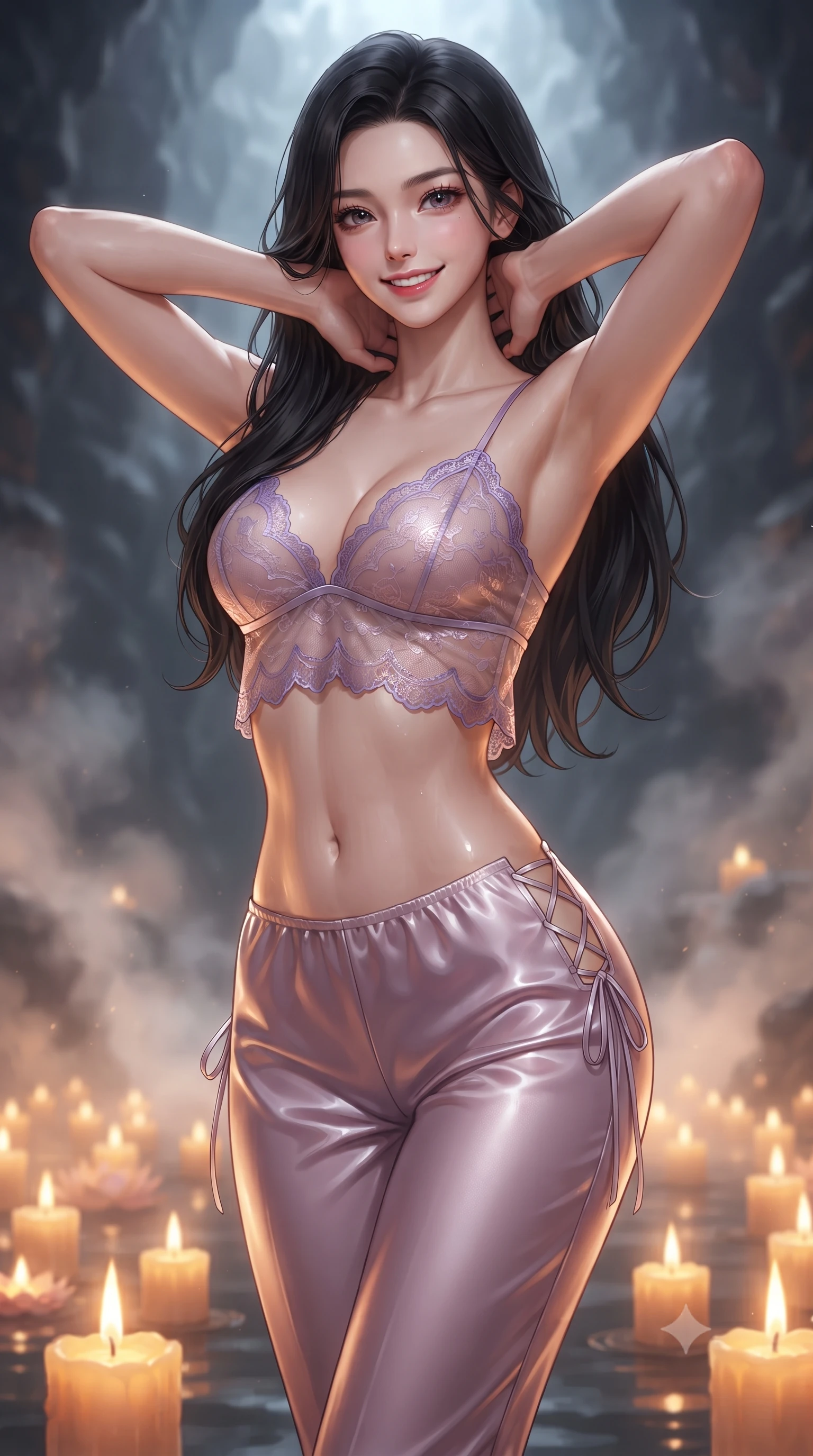 score_9, masterpiece, best quality, ultra-detailed, high-budget anime keyframe, editorial fashion photography, tasteful artistic composition, Korean woman. close-up cowboy shot from the waist and thighs up, the character dominates the composition, filling the frame with her large presence. resting both hands lightly behind her neck with elbows raised, arching her spine to highlight her narrow waist, flat midriff, and breathtaking collarbones while twisting her slender torso in an alluring S-curve, floating beeswax lotus candles casting radiant amber highlights across her narrow waist and hips. The background shows a soft-focus rising thermal cavern vapor softened in mystical ancient sanctuary shallow focus. She has an exceptionally elegant, slender, and willowy female figure with an ultra-slim waist, flat toned midriff, narrow ribcage, and sculpted feminine hips creating an alluring, slim hourglass silhouette without bulk. sharp v-shaped jawline, high-bridge nose, intricate jewel-like sparkling eyes with depth, thick eyelashes, glossy parted lips with a natural peach sheen, bright cheerful beaming smile with an enchanting and coquettish sensual glint, exuding both youthful cute charm and seductive allure, flawlessly proportioned anatomical accuracy, strict slender model proportions, natural body alignment, perfectly sculpted long slender limbs, ultra-slim waistline, clean dynamic posture without body distortion. wearing a delicate sheer lace babydoll camisole paired with matching satin tap pants with scalloped eyelash lace trim in orbital nebula violet and luminescent rose gold, crafted from fluid liquid silk satin that clings smoothly to her narrow waist and rounded hips with a dewy sheen, featuring fine criss-cross lace-up side ties revealing tantalizing glimpses of her hip curve, the glove-like clinging cut tightly following the natural contour of her hips and long slender legs with youthful 8.5-heads elegance. bathed in the magical dancing 2100K radiance of hundreds of flickering lotus candles floating on the thermal pool. ultra-reflective glossy finish, specular highlights, rich textural contrasts, high-contrast stereoscopic depth, volumetric dynamic lighting, 2k, ultra detail, master piece, 9:16 ratio