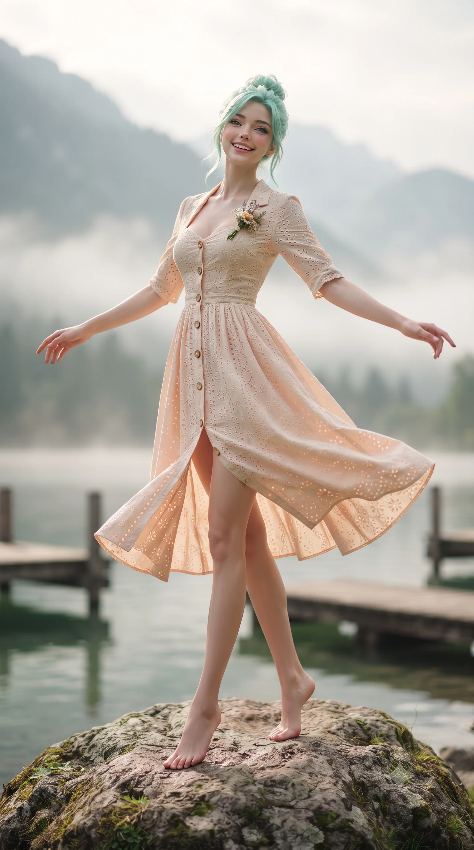 score_9, masterpiece, best quality, ultra-detailed, high-budget anime keyframe, editorial fashion photography, tasteful artistic composition, Japanese woman. low angle full-body shot from head to toe showing her feet, filling the entire 9:16 vertical frame with her statuesque presence, stretching her vertical silhouette. performing a cheerful mid-motion turn with effortless poise, her skirt fluttering softly as she smiles into the camera while standing poised on a mossy lakeside boulder with open arms, taking a deep breath of fresh pine-scented mountain air. The composition keeps background elements in soft focus with creamy bokeh. misty mountain shorelines and vintage wooden docks softened in smooth cinematic shallow focus. She has an absolutely perfect, statuesque 8.5-heads proportion, an exceptionally tall and slender model-like female figure with impossibly long slender legs, a toned flat midriff, and an ultra-slim waist. sharp v-shaped jawline, high-bridge nose, intricate jewel-like eyes with depth, thick eyelashes, glossy lips with a natural sheen, pure and lovely fresh girlhood expression, flawlessly proportioned anatomical accuracy, strict slender model proportions, natural body alignment, perfectly sculpted long slender limbs, ultra-slim waistline, clean dynamic posture without body distortion. wearing an airy eyelet lace cotton midi dress with a sweetheart neckline and wooden front buttons in warm peach blossom pink and champagne ivory, woven with delicate eyelet lace and breathable cotton voile, complemented by a delicate wildflower corsage pinned to the lapel, the soft airy drape swaying gracefully with her dynamic movements, emphasizing her tall willowy build and slim waistline. illuminated by soft morning mist backlighting and emerald water ambient bounce. ultra-reflective glossy finish, specular highlights, rich natural textures, high-contrast stereoscopic depth, volumetric dynamic lighting, 2k, ultra detail, master piece, 9:16 ratio