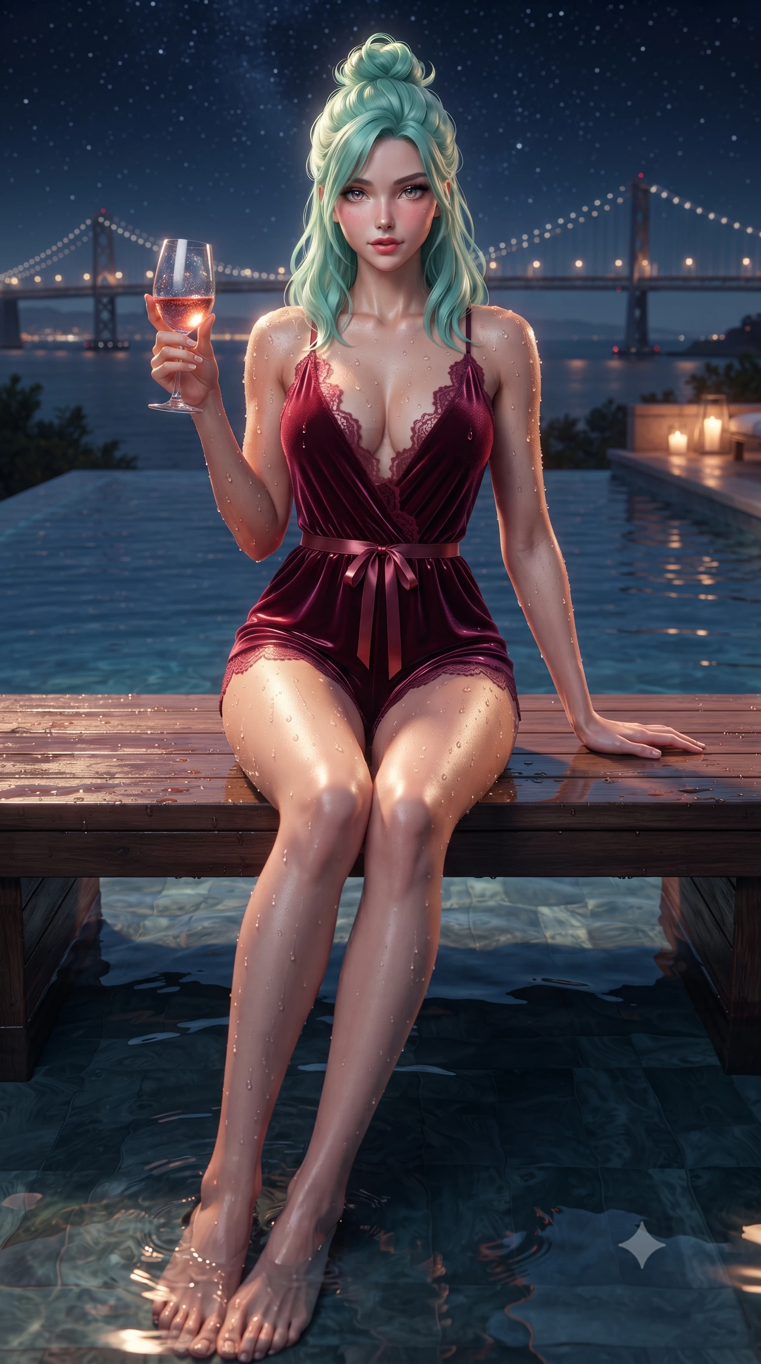 score_9, masterpiece, best quality, ultra-detailed, high-budget anime keyframe, editorial fashion photography, tasteful artistic composition, Japanese woman. low angle full-body shot from head to toe showing her feet, filling the entire 9:16 vertical frame with her statuesque presence, stretching her vertical silhouette. stepping slowly toward the camera with hypnotic grace, hips swaying in an alluring sensual rhythm that accentuates her curvy hourglass silhouette and long slender legs while sitting gracefully on the submerged wooden bench with water up to her waist, holding a glass of rosé while casting a flirtatious bedroom-gaze. The surrounding environment is rendered in vivid detail and crisp panoramic clarity: sharp wet cedar wood grain texture, glistening water droplets on toned skin, and distant suspension bridge lights in deep focus. She has an absolutely perfect, statuesque 8.5-heads proportion, an exceptionally tall and slender model-like female figure with impossibly long slender legs, an ultra-slim waist, a flat toned midriff, narrow delicate ribcage, and beautifully sculpted feminine hips creating a graceful, slim hourglass silhouette without any bulky heaviness. sharp v-shaped jawline, high-bridge nose, sparkling eyes with hypnotic seductive depth, thick curled eyelashes, glossy parted lips with a natural dewy peach sheen, alluring bedroom-eyes with an enchanting coquettish smile, exuding magnetic siren charisma and sophisticated high-fashion glamour, flawlessly proportioned anatomical accuracy, strict slender model proportions, natural body alignment, perfectly sculpted long slender limbs, ultra-slim waistline, clean dynamic posture without body distortion. wearing a plunge-neck stretch velvet romper with scalloped eyelash-lace hems and a cinched waist ribbon in smoldering crimson wine and deep rose-gold, crafted from wet-look high-gloss vinyl fabric with dazzling specular surface reflections, finished with glistening drops of pool water beading across her sculpted shoulders and collarbones, the glove-like clinging cut tightly following the natural contour of her hips and long slender legs with youthful 8.5-heads elegance. bathed in warm underwater tub LED glow combined with celestial starry night ambient fill. ultra-reflective glossy finish, specular highlights, rich textural contrasts, high-contrast stereoscopic depth, volumetric dynamic lighting, 2k, ultra detail, master piece, 9:16 ratio
