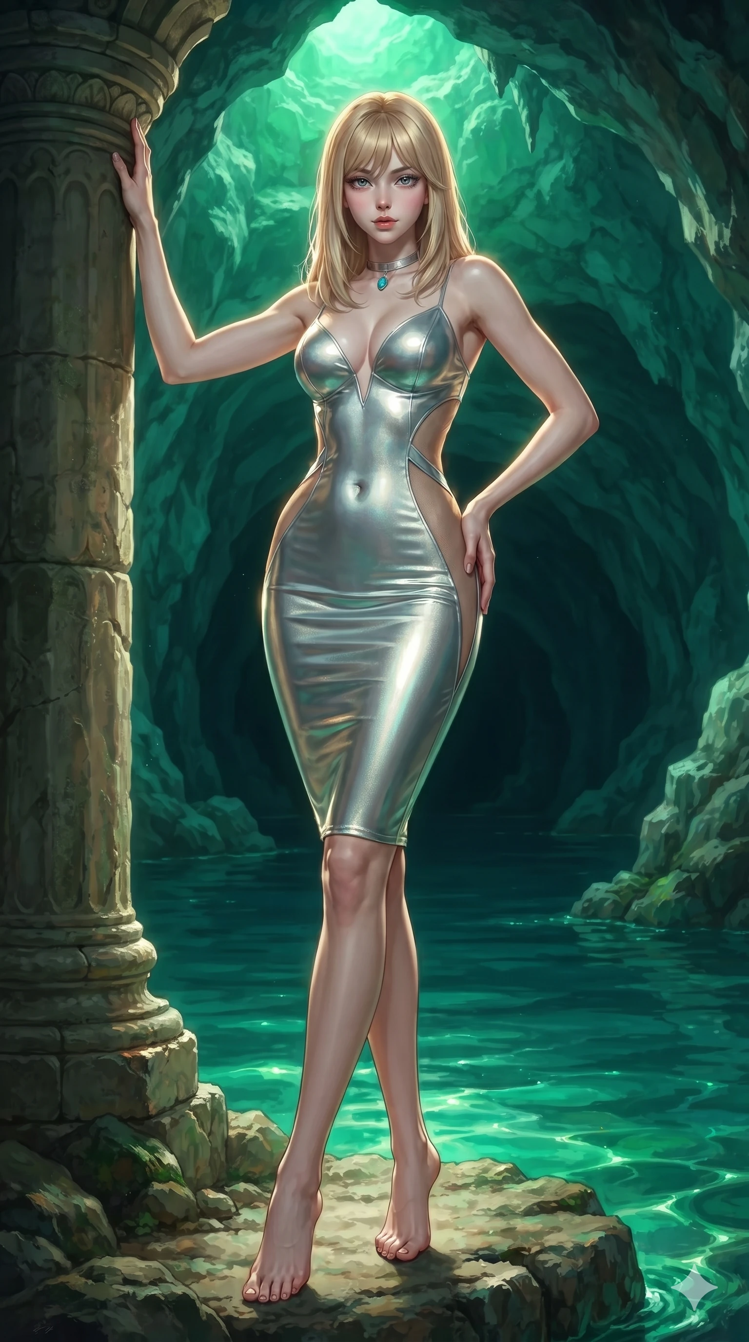 score_9, masterpiece, best quality, ultra-detailed, high-budget anime keyframe, editorial fashion photography, tasteful artistic composition, Japanese woman. low angle full-body shot from head to toe showing her feet, filling the entire 9:16 vertical frame with her statuesque presence, stretching her vertical silhouette. standing tall beside the architectural column, one hand resting high while arching her lower back to emphasize her sculpted feminine hips and slender waist while standing poised on the rocky natural ledge inside the emerald grotto, arching her spine with supermodel poise as luminous green reflections dance across her silhouette. The surrounding environment is rendered in vivid detail and crisp panoramic clarity: detailed liquid metallic lamé one-piece tailoring, hip-high side cutouts, and sea cavern geology in razor-sharp precision. She has an absolutely perfect, statuesque 8.5-heads proportion, an exceptionally tall and slender model-like female figure with impossibly long slender legs, an ultra-slim waist, a flat toned midriff, narrow delicate ribcage, and beautifully sculpted feminine hips creating a graceful, slim hourglass silhouette without any bulky heaviness. sharp v-shaped jawline, high-bridge nose, sparkling eyes with hypnotic seductive depth, thick curled eyelashes, glossy parted lips with a natural dewy peach sheen, alluring bedroom-eyes with an enchanting coquettish smile, exuding magnetic siren charisma and sophisticated glamour, flawlessly proportioned anatomical accuracy, strict slender model proportions, natural body alignment, perfectly sculpted long slender limbs, ultra-slim waistline, clean dynamic posture without body distortion. wearing an alluring plunging sweetheart bodice dress with sheer mesh side-waist cutouts contouring her ribs in shimmering silver mercury and sunlit seafoam pearl, crafted from wet-look high-gloss vinyl fabric with dazzling specular surface reflections, finished with a minimalist chrome choker and a single turquoise stone pendant, the form-contouring cut accentuating her sculpted flat midriff, narrow delicate ribcage, and gracefully curvy hips with intoxicating allure. illuminated by jade water bounce and sharp golden-emerald rim lights defining her razor-sharp jawline, narrow waist, and curvy hips. ultra-reflective glossy finish, specular highlights, rich textural contrasts, high-contrast stereoscopic depth, volumetric dynamic lighting, 2k, ultra detail, master piece, 9:16 ratio
