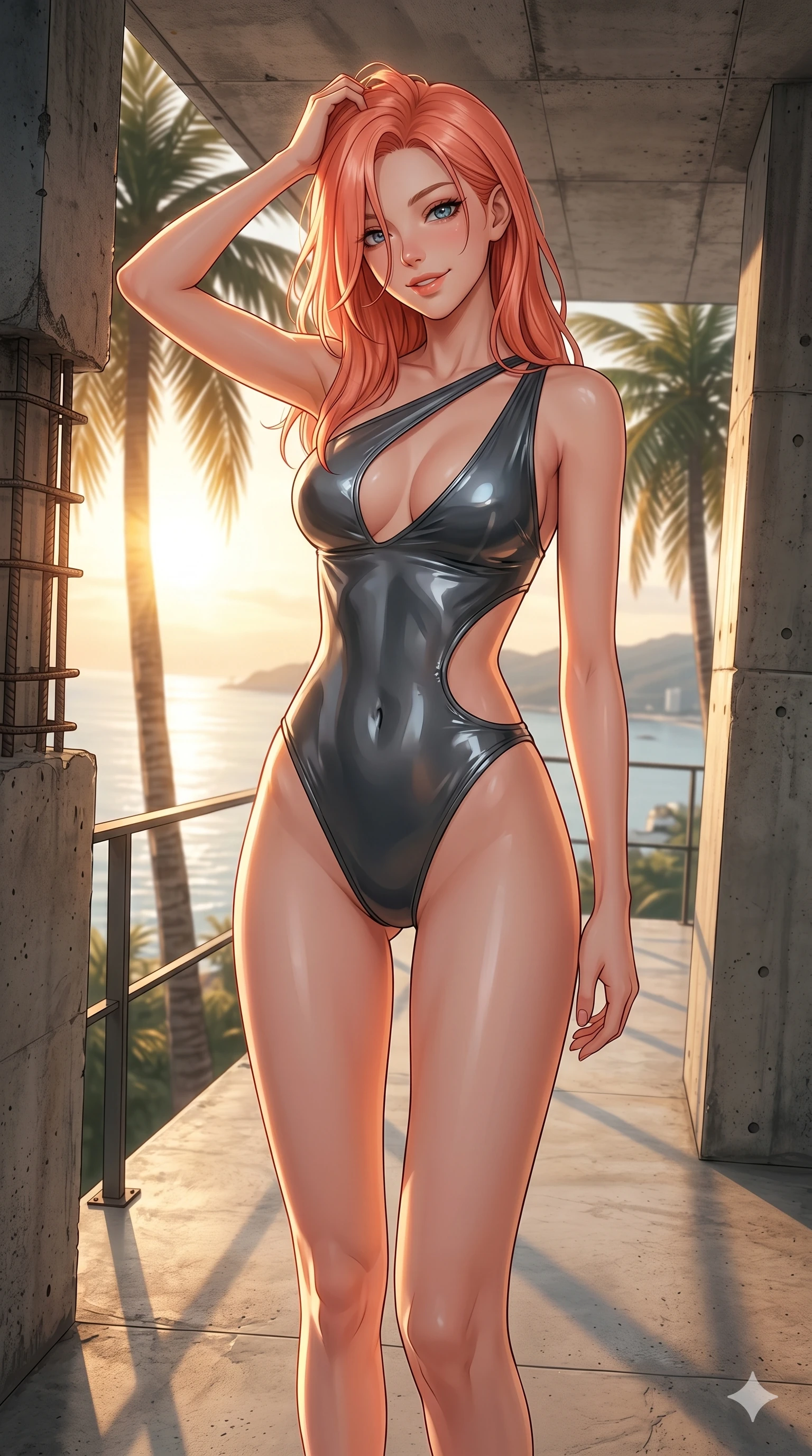 score_9, masterpiece, best quality, ultra-detailed, high-budget anime keyframe, editorial fashion photography, tasteful artistic composition, Japanese woman. cowboy shot from the thighs up, character and outfit filling the frame for maximum editorial presence. tilting her head with a playful, teasing smile, letting hair fall over her jewel-like eyes on a modern concrete balcony overlooking a sun-drenched bay (Code-P19-068). She has an absolutely perfect 8-heads proportion, an exceptionally tall and slender female figure with impossibly long slender legs and an ultra-slim waist. V-shaped jawline, high-bridge nose, intricate jewel-like eyes with depth, thick eyelashes, glossy lips with a natural sheen. wearing a high-cut one-piece swimsuit in wet-look liquid polymer, featuring a deep-plunging neckline and exposed waist. golden sunset light streaming through the palm trees, outlining her high-bridge nose and lips. 2k, ultra detail, master piece, 9:16 ratio