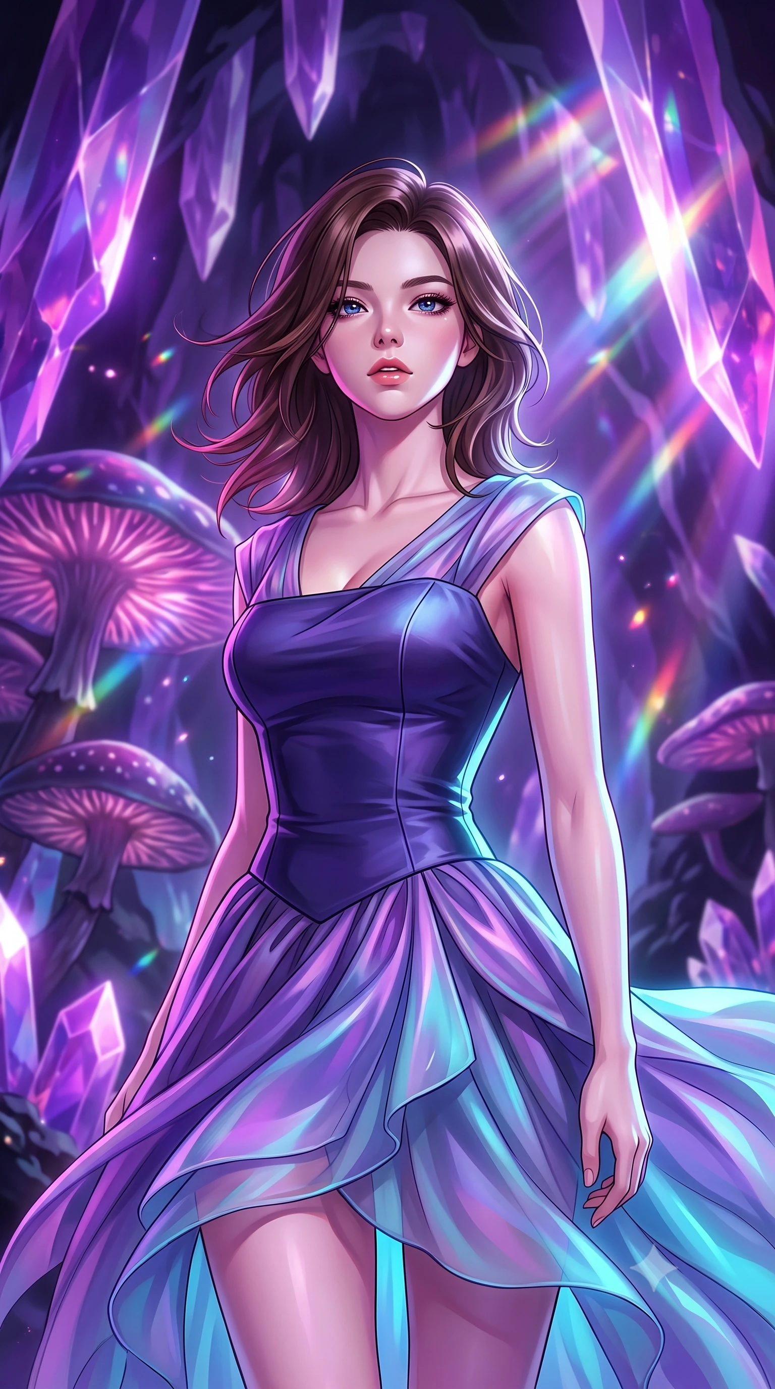 score_9, masterpiece, best quality, ultra-detailed, high-budget anime keyframe, editorial fashion photography, tasteful artistic composition, Korean woman. close-up cowboy shot from the waist and thighs up, the character dominates the composition, filling the frame with her large presence, background elements kept in soft focus. Tilting her chin up slightly with lips parted in a magnetic, composed expression navigating a cavern filled with bioluminescent fungi and crystalline stalactites, massive violet and magenta crystal facets scattering prismatic light rays. She has an exceptionally elegant, slender, and willowy female figure with an ultra-slim waist, a gracefully sculpted slender torso, and a refined silhouette. sharp v-shaped jawline, high-bridge nose, intricate jewel-like eyes with depth, thick eyelashes, glossy lips with a natural sheen. wearing a modern fusion silk hanbok dress with a structured bodice and flowing chiffon skirt, the elegant draped fit framing her graceful clavicle and slender torso. illuminated by radiant purple, magenta, and cyan crystal inner glow. highly saturated vibrant anime colors, detailed shading with soft gradients, rich glossy textures, high-contrast stereoscopic depth, volumetric dynamic lighting, master piece, 9:16 ratio