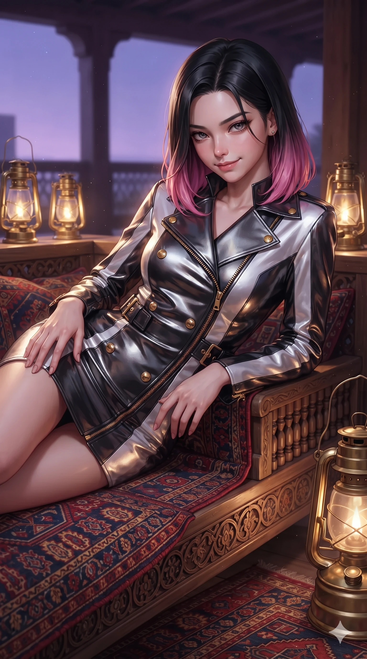 score_9, masterpiece, best quality, ultra-detailed, high-budget anime keyframe, editorial fashion photography, tasteful artistic composition, Korean woman. close-up cowboy shot from the waist and thighs up, the character dominates the composition, filling the frame with her large presence. tilting her head with a teasing half-smile, running one hand slowly down the side of her hip in a flirtatious S-curve as ambient light caresses her silhouette while lounging across a low wooden daybed draped with Moroccan kilim rugs on the timber veranda, her flat midriff and long slender legs bathed in lantern glow. The background shows a soft-focus vintage desert outpost atmosphere softened in canvas veranda shallow focus. She has an exceptionally elegant, slender, and willowy female figure with an ultra-slim waist, flat toned midriff, narrow ribcage, and sculpted feminine hips creating an alluring, slim hourglass silhouette without bulk. sharp v-shaped jawline, high-bridge nose, sparkling eyes with hypnotic seductive depth, thick curled eyelashes, glossy parted lips with a natural dewy peach sheen, alluring bedroom-eyes with an enchanting coquettish smile, exuding magnetic siren charisma and sophisticated glamour, flawlessly proportioned anatomical accuracy, strict slender model proportions, natural body alignment, perfectly sculpted long slender limbs, ultra-slim waistline, clean dynamic posture without body distortion. wearing a structured double-breasted desert moto-coat dress with asymmetrical zipper and stand collar in high-contrast coastal monochrome with gold hardware, crafted from luxurious metallic lamé that shifts radiance with every step, finished with sleek heavy-duty brass zip pulls and buckled moto straps, the impeccably tailored cut draping gracefully along her slender figure with aristocratic western poise. bathed in the warm, romantic 2200K ambient light of brass kerosene lanterns mixed with the soft purple glow of early nightfall. ultra-reflective glossy finish, specular highlights, rich textural contrasts, high-contrast stereoscopic depth, volumetric dynamic lighting, 2k, ultra detail, master piece, 9:16 ratio