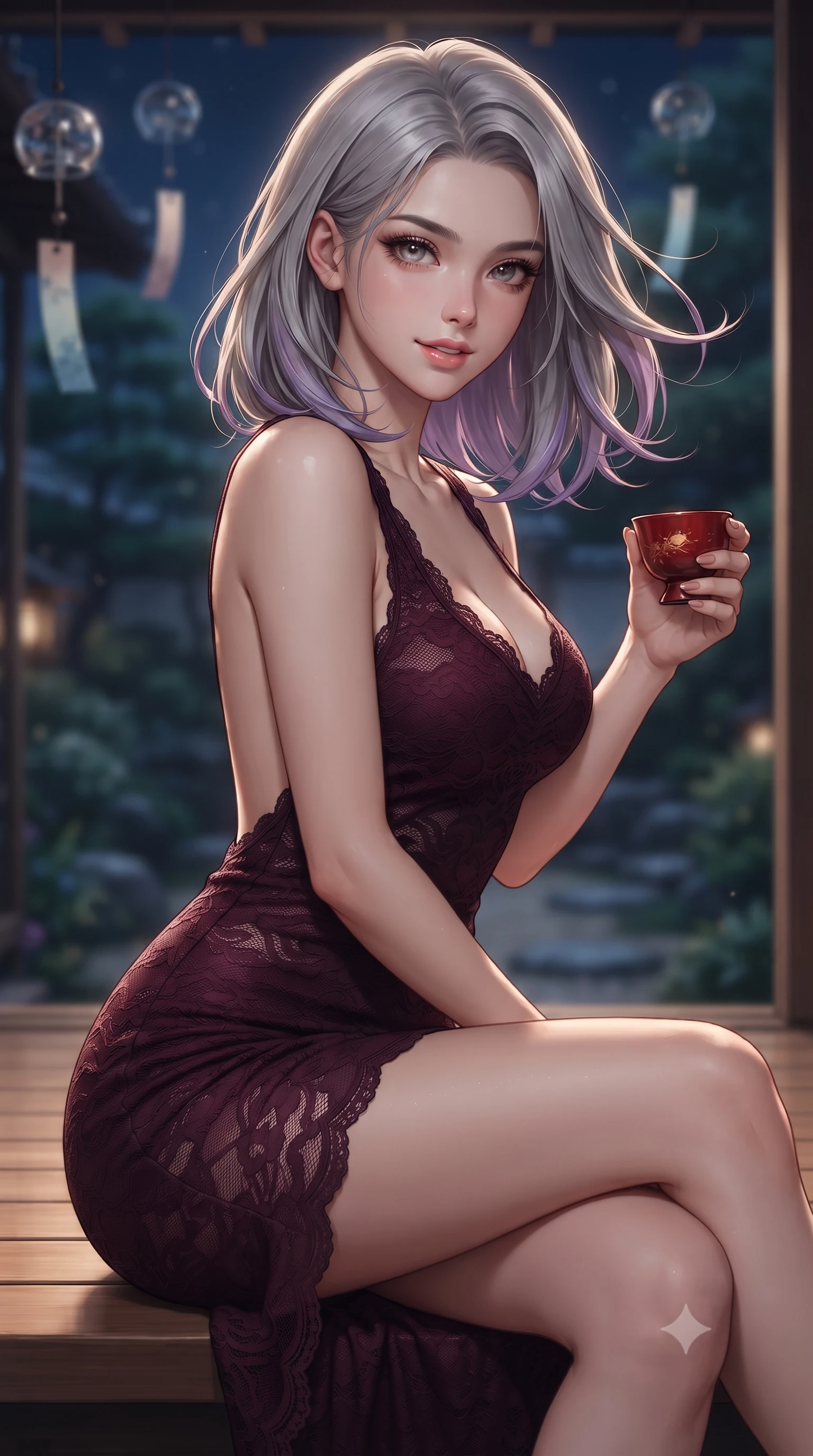 score_9, masterpiece, best quality, ultra-detailed, high-budget anime keyframe, editorial fashion photography, tasteful artistic composition, Caucasian woman. close-up cowboy shot from the waist and thighs up, the character dominates the composition, filling the frame with her large presence. turning slowly with an enchanting smoldering smile, her glossy hair tossing in the breeze as her hips angle gracefully in a captivating contrapposto while sitting perched on the engawa bench with one knee drawn up, holding a lacquered sake cup with an enchanting, parted-lip smile. The background shows a soft-focus wind-chimes hanging from eaves softened in serene nocturnal panoramic shallow focus. She has an exceptionally elegant, slender, and willowy female figure with an ultra-slim waist, flat toned midriff, narrow ribcage, and sculpted feminine hips creating an alluring, slim hourglass silhouette without bulk. sharp v-shaped jawline, high-bridge nose, sparkling eyes with hypnotic seductive depth, thick curled eyelashes, glossy parted lips with a natural dewy peach sheen, alluring bedroom-eyes with an enchanting coquettish smile, exuding magnetic siren charisma and sophisticated glamour, flawlessly proportioned anatomical accuracy, strict slender model proportions, natural body alignment, perfectly sculpted long slender limbs, ultra-slim waistline, clean dynamic posture without body distortion. wearing a slinky crochet-lace knit resort mini dress with deep open-back scoop revealing her toned spine in Gion dark cherry and midnight obsidian, made of semi-opaque stretch illusion mesh with soft shadowy contours, finished with scalloped eyelash lace trim framing her sweetheart neckline with intimate elegance, the high-slit wrap tailoring accentuating her ultra-slim waistline and the enchanting curve of her feminine hips with alluring seductive charm. illuminated by polished cedar reflection bounce and sharp platinum-gold rim lights sculpting her razor-sharp jawline, narrow waist, and curvy hips. ultra-reflective glossy finish, specular highlights, rich textural contrasts, high-contrast stereoscopic depth, volumetric dynamic lighting, 2k, ultra detail, master piece, 9:16 ratio
