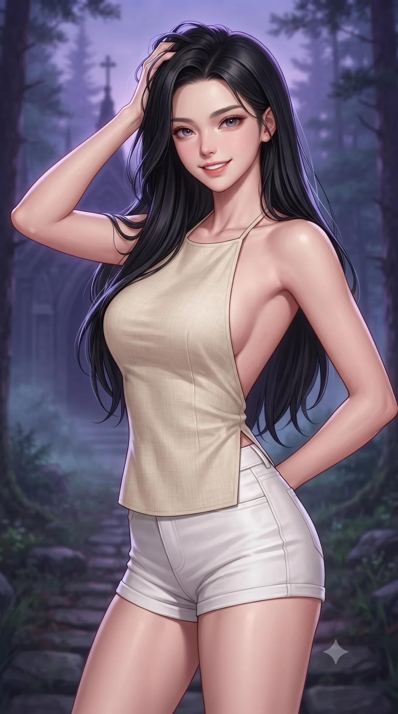 score_9, masterpiece, best quality, ultra-detailed, high-budget anime keyframe, editorial fashion photography, tasteful artistic composition, Korean woman. close-up cowboy shot from the waist and thighs up, the character dominates the composition, filling the frame with her large presence, background elements kept in soft focus. smiling with quiet, magnetic self-assurance directly into the camera, running a hand through her hair the background shows a soft-focus a misty pine forest stone path near an abandoned gothic chapel at dusk. She has an exceptionally elegant, slender, and willowy female figure with an ultra-slim waist, a gracefully sculpted slender torso, and a refined silhouette. sharp v-shaped jawline, high-bridge nose, intricate jewel-like eyes with depth, thick eyelashes, glossy lips with a natural sheen. wearing a slim-fit stylish linen halter top with an open-back design, paired with white micro-shorts. deep purple and blue dusk light with a cold silver rim light on her form. highly saturated vibrant anime colors, detailed shading with soft gradients, rich glossy textures, high-contrast stereoscopic depth, volumetric dynamic lighting, master piece, 9:16 ratio