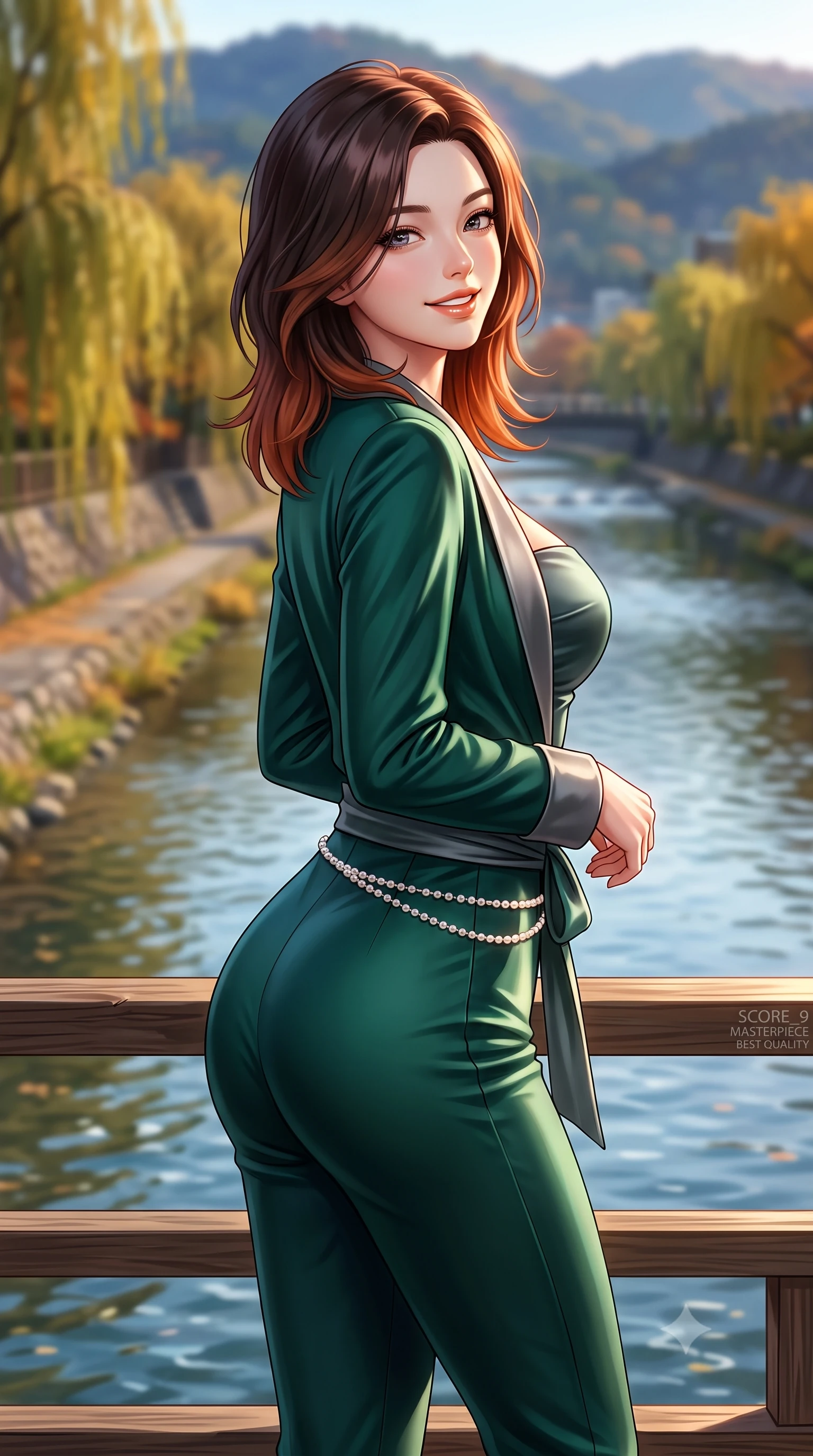 score_9, masterpiece, best quality, ultra-detailed, high-budget anime keyframe, semi-realistic 3D game render, editorial fashion photography, tasteful artistic composition, Korean woman. close-up cowboy shot from the waist and thighs up, the character dominates the composition, filling the frame with her large presence. turning in an alluring three-quarter profile with head tilted, her glossy parted lips and jewel-like eyes catching the warm light while standing poised on the wooden kawayuka deck suspended over the clear riverbank, looking out at autumn willows with a bright, beaming smile. The background shows a soft-focus clear flowing Kamogawa river waters, weeping willow trees turning gold along riverbanks, and distant Higashiyama hills blurred into indigo, golden olive, and slate bokeh. She has an exceptionally elegant, slender, and willowy female figure with an ultra-slim waist, flat toned midriff, narrow ribcage, and sculpted feminine hips creating an alluring, slim hourglass silhouette without bulk. sharp v-shaped jawline, high-bridge nose, intricate jewel-like sparkling eyes with depth, thick eyelashes, glossy parted lips with a natural peach sheen, bright cheerful beaming smile with an enchanting and coquettish sensual glint, exuding both youthful cute charm and seductive allure, flawlessly proportioned anatomical accuracy, strict slender model proportions, natural body alignment, perfectly sculpted long slender limbs, ultra-slim waistline, clean dynamic posture without body distortion. wearing a sleek Taisho-modern tailored smoking jacket with a cinched silk sash worn over a body-hugging satin bustier top and fitted slacks in St. Moritz pine forest emerald and heather grey, crafted from lustrous liquid satin crepe that drapes in body-clinging ripples catching ambient lights, accented with a dainty pearl waist chain catching the ambient sunlight across her sculpted waistline, the glove-like clinging cut tightly following the natural contour of her hips and long slender legs with youthful 8.5-heads elegance. illuminated by river water specular reflection bounce and sharp copper-rose rim lights sculpting her jawline, narrow waist, and graceful model proportions. highly saturated vibrant anime colors, detailed shading with soft gradients, rich glossy textures, high-contrast stereoscopic depth, volumetric dynamic lighting, master piece, 9:16 ratio