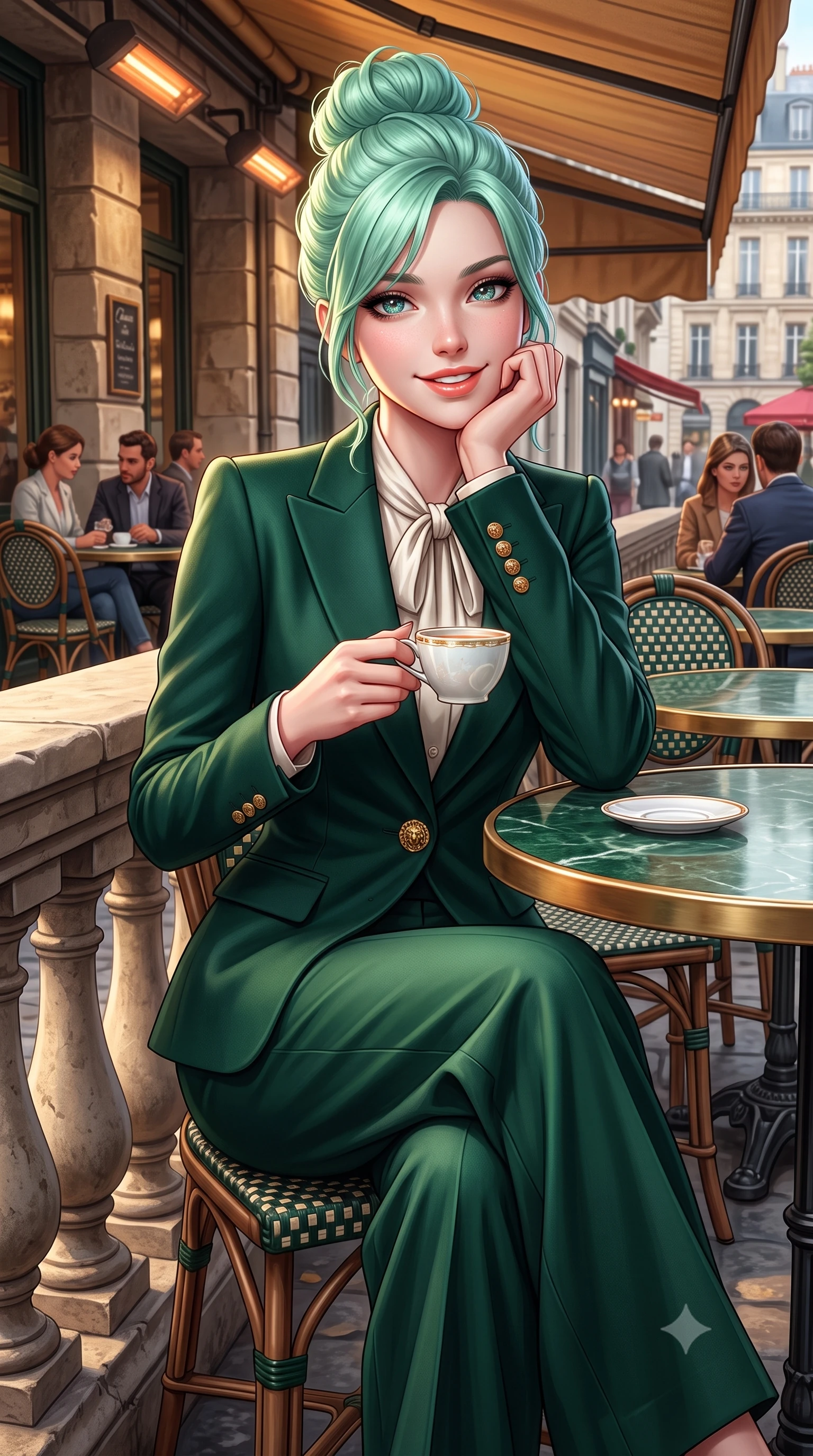 score_9, masterpiece, best quality, ultra-detailed, high-budget anime keyframe, semi-realistic 3D game render, editorial fashion photography, tasteful artistic composition, Japanese woman. close-up cowboy shot from the waist and thighs up, the character dominates the composition, filling the frame with her large presence. resting one elbow on the stone balustrade, chin poised lightly on her hand with intelligent, charming warmth while sitting poised at a round green marble bistrot table beneath the heated cafe awning, cradling a porcelain cup with a radiant French smile. The surrounding environment is rendered in vivid detail and crisp panoramic clarity: detailed silk pussy-bow blouse drape, tailored A-line wool skirt pleats, and authentic Parisian street furniture in high resolution. She has an exceptionally elegant, slender, and willowy female figure with an ultra-slim waist, flat toned midriff, narrow ribcage, and sculpted feminine hips creating an alluring, slim hourglass silhouette without bulk. sharp v-shaped jawline, high-bridge nose, intricate jewel-like sparkling eyes with depth, thick eyelashes, glossy parted lips with a natural peach sheen, bright cheerful beaming smile with an enchanting and coquettish sensual glint, exuding both youthful cute charm and seductive allure, flawlessly proportioned anatomical accuracy, strict slender model proportions, natural body alignment, perfectly sculpted long slender limbs, ultra-slim waistline, clean dynamic posture without body distortion. wearing a chic tailored smoking jacket blazer paired with fluid pleated palazzo trousers and a silk blouse base in St. Moritz pine forest emerald and heather grey, made of crisp Egyptian cotton poplin with pristine tailored pressing, accented with an ornate 24k gold lion-embossed crest button along the front closure, the expertly draped wool fabric falling in crisp fluid lines along her tall 8.5-heads silhouette, celebrating her slender frame without excess fabric bulk. illuminated by zinc counter and marble tabletop bounce with delicate platinum rim lights sculpting her features and slender waist. highly saturated vibrant anime colors, detailed shading with soft gradients, rich glossy textures, high-contrast stereoscopic depth, volumetric dynamic lighting, master piece, 9:16 ratio