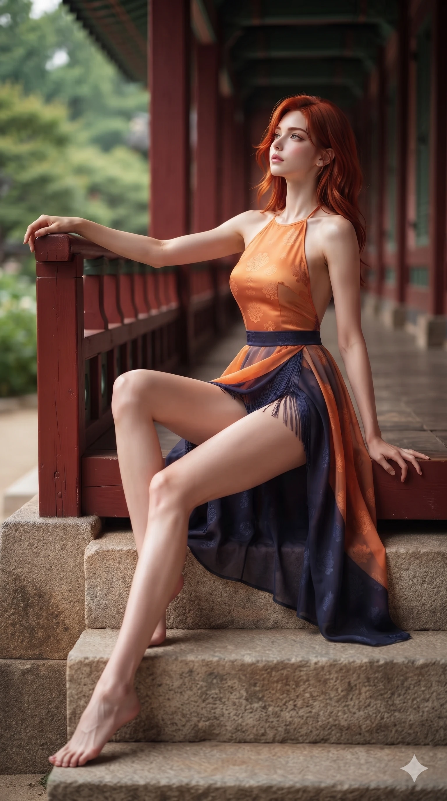score_9, masterpiece, best quality, ultra-detailed, high-budget anime keyframe, editorial fashion photography, tasteful artistic composition, Korean woman. low angle full-body shot from head to toe showing her feet, filling the entire 9:16 vertical frame with her statuesque presence, stretching her vertical silhouette. sitting poised on the stone steps with one knee bent, arching her spine with supermodel elegance as she glances upward through thick eyelashes while leaning against the red lacquer railing with hips cocked back, looking out into the palace gardens with heavy-lidded bedroom-eyes. The background shows a soft-focus palace veranda corridor softened in linear architectural shallow focus. She has an absolutely perfect, statuesque 8.5-heads proportion, an exceptionally tall and slender model-like female figure with impossibly long slender legs, an ultra-slim waist, a flat toned midriff, narrow delicate ribcage, and beautifully sculpted feminine hips creating a graceful, slim hourglass silhouette without any bulky heaviness. sharp v-shaped jawline, high-bridge nose, sparkling eyes with hypnotic seductive depth, thick curled eyelashes, glossy parted lips with a natural dewy peach sheen, alluring bedroom-eyes with an enchanting coquettish smile, exuding magnetic siren charisma and sophisticated glamour, flawlessly proportioned anatomical accuracy, strict slender model proportions, natural body alignment, perfectly sculpted long slender limbs, ultra-slim waistline, clean dynamic posture without body distortion. wearing a liquid-tight backless silk halter leotard styled with a sheer wrap overskirt revealing her hip curve in sunset tangerine orange and deep navy indigo, tailored from rich silk jacquard with subtle embossed lotus blossom patterns, finished with delicate silk fringe trim fluttering along her hip line with kinetic charm, the bespoke structured tailoring following the natural line of her 8.5-heads silhouette with refined elegance. illuminated by timber floor bounce and sharp silver-vermilion rim lights defining her razor-sharp jawline, narrow waist, and curvy hips. ultra-reflective glossy finish, specular highlights, rich textural contrasts, high-contrast stereoscopic depth, volumetric dynamic lighting, 2k, ultra detail, master piece, 9:16 ratio