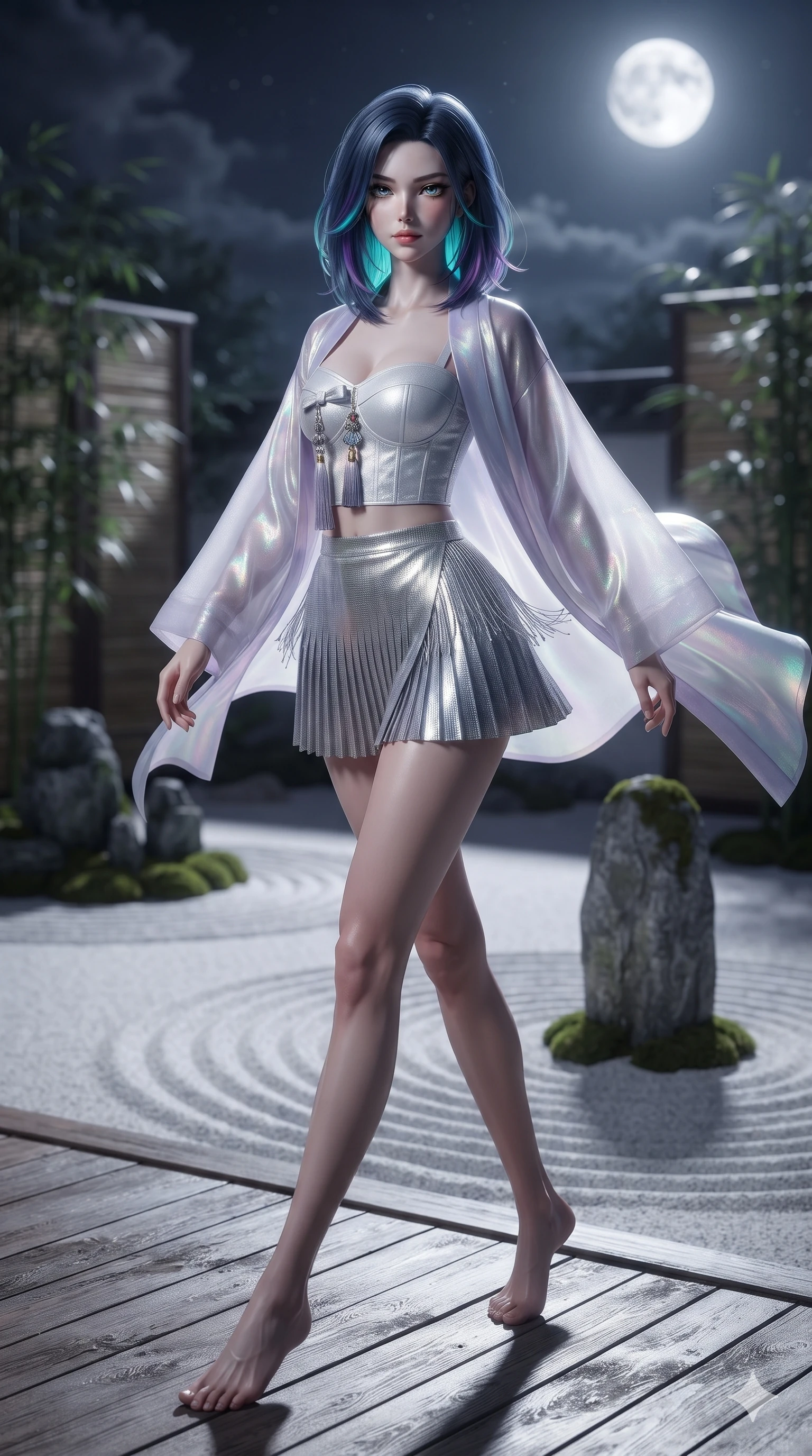 score_9, masterpiece, best quality, ultra-detailed, high-budget anime keyframe, editorial fashion photography, tasteful artistic composition, Caucasian woman. low angle full-body shot from head to toe showing her feet, filling the entire 9:16 vertical frame with her statuesque presence, stretching her vertical silhouette. striding across the moonlit timber deck as nocturnal breezes whip her garments open, accentuating her long slender legs and curvy hips while standing tall beside a solitary upright scholar stone in the raked sand garden, arching her lower back to emphasize her curvy hips. The background shows a soft-focus concentric raked ripples in white granite sand, dark moss-rimmed scholar stone groupings, and bamboo screens blurred into silver, pearl, and charcoal bokeh. She has an absolutely perfect, statuesque 8.5-heads proportion, an exceptionally tall and slender model-like female figure with impossibly long slender legs, an ultra-slim waist, a flat toned midriff, narrow delicate ribcage, and beautifully sculpted feminine hips creating a graceful, slim hourglass silhouette without any bulky heaviness. sharp v-shaped jawline, high-bridge nose, sparkling eyes with hypnotic seductive depth, thick curled eyelashes, glossy parted lips with a natural dewy peach sheen, alluring bedroom-eyes with an enchanting coquettish smile, exuding magnetic siren charisma and sophisticated glamour, flawlessly proportioned anatomical accuracy, strict slender model proportions, natural body alignment, perfectly sculpted long slender limbs, ultra-slim waistline, clean dynamic posture without body distortion. wearing a modern boned hanbok bustier top with norigae tassel paired with an ultra-short micro-pleated silk wrap mini skirt in iridescent mother-of-pearl and misty lavender, crafted from stretch micro-mesh with metallic foil coating that shimmers in the moonlight, finished with delicate silk fringe trim fluttering along her hip line with kinetic charm, the bespoke structured tailoring following the natural line of her 8.5-heads silhouette with refined elegance. bathed in the blinding, crisp 5500K silver light of the full moon reflecting off white sand. ultra-reflective glossy finish, specular highlights, rich textural contrasts, high-contrast stereoscopic depth, volumetric dynamic lighting, 2k, ultra detail, master piece, 9:16 ratio