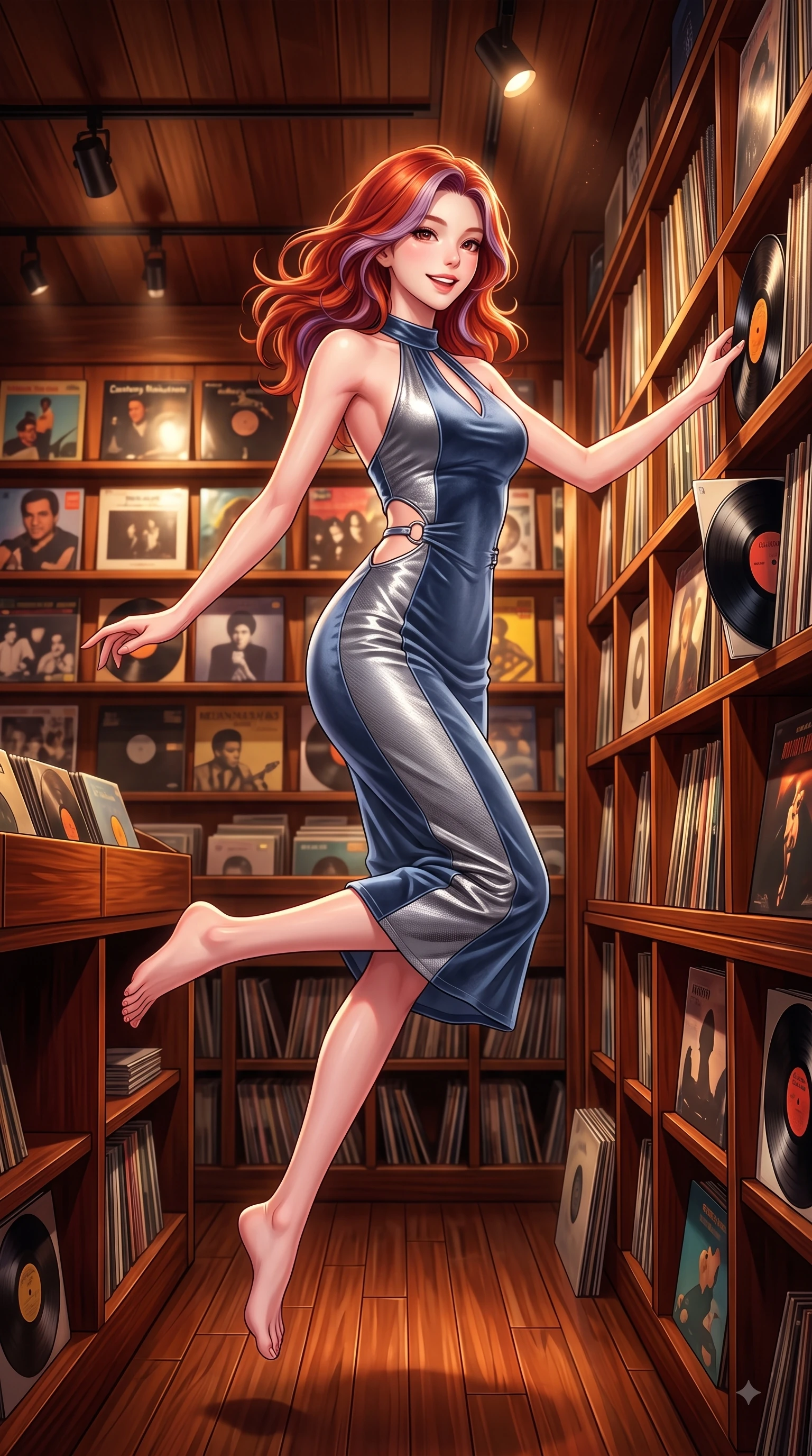 score_9, masterpiece, best quality, ultra-detailed, high-budget anime keyframe, editorial fashion photography, tasteful artistic composition, Caucasian woman. low angle full-body shot from head to toe showing her feet, filling the entire 9:16 vertical frame with her statuesque presence, stretching her vertical silhouette. leaping with pure youthful energy through mid-air with a radiant bright smile, her impossibly long slender legs stretched in balance while browsing vintage vinyl record albums in a cozy Hongdae LP bar with a sweet playful smile, thousands of rare vintage vinyl record sleeves displayed along warm wooden shelves. She has an absolutely perfect, statuesque 8.5-heads proportion, an exceptionally tall and slender model-like female figure with impossibly long slender legs and an ultra-slim waist. sharp v-shaped jawline, high-bridge nose, intricate jewel-like eyes with depth, thick eyelashes, glossy lips with a natural sheen, flawlessly proportioned anatomical accuracy, natural body alignment, perfectly sculpted elegant limbs, clean dynamic posture without body distortion. wearing a velvet halter-neck midi dress following her form like a glove in slate blue and metallic silver, made of fine carbon-fiber weave and soft matte leather, accented with delicate chrome ring hardware framing her waist, the form-contouring material highlighting her ultra-slim waist and long lines. illuminated by cozy directional spotlights and rich mahogany reflections. highly saturated vibrant anime colors, detailed shading with soft gradients, rich glossy textures, high-contrast stereoscopic depth, volumetric dynamic lighting, master piece, 9:16 ratio