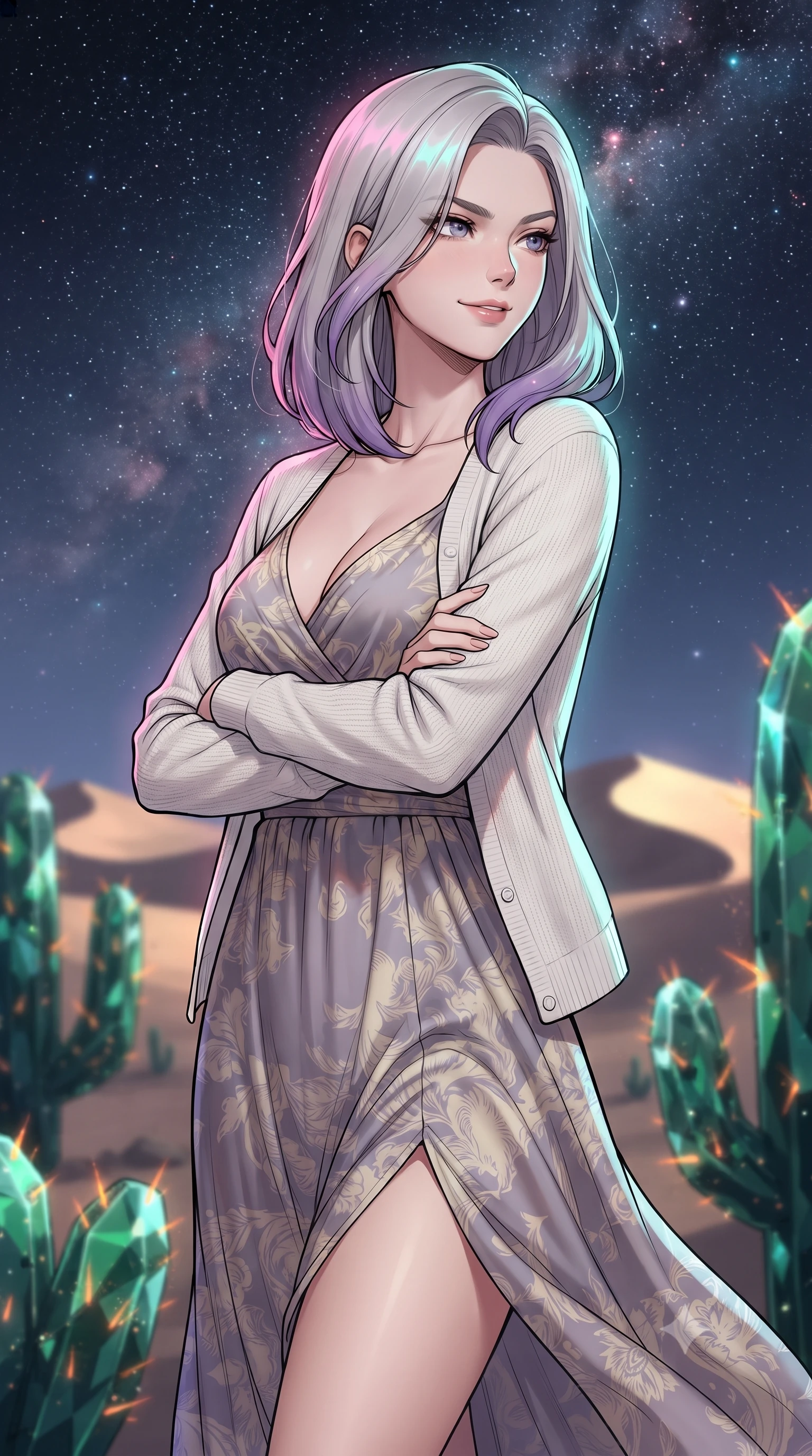 score_9, masterpiece, best quality, ultra-detailed, high-budget anime keyframe, gorgeous anime illustration, with clean line-art and distinct ink outlines, Caucasian woman, strictly human ears. close-up cowboy shot from the waist and thighs up, the character dominates the composition, filling the frame with her large presence, background elements kept in soft focus. Gazing past the camera with an air of effortless superiority. set against a soft-focus background of in a desert at night where the cacti are made of green obsidian glass, their needles glowing with orange bio-electricity, sand dunes glowing under a starry sky. She has an exceptionally elegant and slender, willowy female figure with an ultra-slim waist, a gracefully sculpted slender torso, and a refined slim physique. sharp v-shaped jawline, high-bridge nose, intricate jewel-like eyes with depth, thick eyelashes, glossy lips with a natural sheen. wearing a flowing silk maxi dress in a muted lavender and cream print, layered under a white knit cardigan. starlight and nebula glow casting soft cosmic pink and cyan highlights on her form. 2k, ultra detail, master piece, 9:16 ratio, vibrant anime color palette, detailed cel-shading with soft gradients, rich contrast, dynamic lighting, 2d animation style