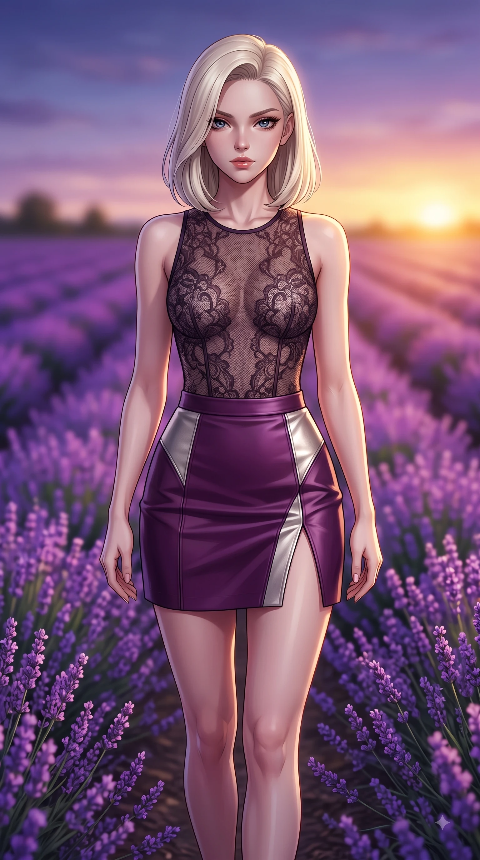 score_9, masterpiece, best quality, ultra-detailed, high-budget anime keyframe, editorial fashion photography, tasteful artistic composition, Caucasian woman. close-up cowboy shot from the waist and thighs up, the character dominates the composition, filling the frame with her large presence. Statuesque haughty posture with a cool, sharp glance and composed high-fashion elegance while walking gracefully through an endless field of blooming purple lavender under a twilight sky. The composition keeps background elements in soft focus with dreamy bokeh. vibrant floral fields blurring into a romantic, painting-like background backdrop. She has an exceptionally elegant, slender, and willowy female figure with an ultra-slim waist, a gracefully sculpted slender torso, and a refined silhouette. sharp v-shaped jawline, high-bridge nose, intricate jewel-like eyes with depth, thick eyelashes, glossy lips with a natural sheen, flawlessly proportioned anatomical accuracy, natural body alignment, perfectly sculpted elegant limbs, clean dynamic posture without body distortion. wearing a sheer dark lace pattern bodysuit over a structured black leather mini skirt in rich plum violet and metallic platinum, tailored from crisp high-density cotton poplin, finished with a sleek side slit ascending to mid-thigh, the chic fashion cut framing her graceful clavicle and slender torso. bathed in ethereal twilight glow and warm golden sunset horizon light. highly saturated vibrant anime colors, detailed shading with soft gradients, rich glossy textures, high-contrast stereoscopic depth, volumetric dynamic lighting, master piece, 9:16 ratio