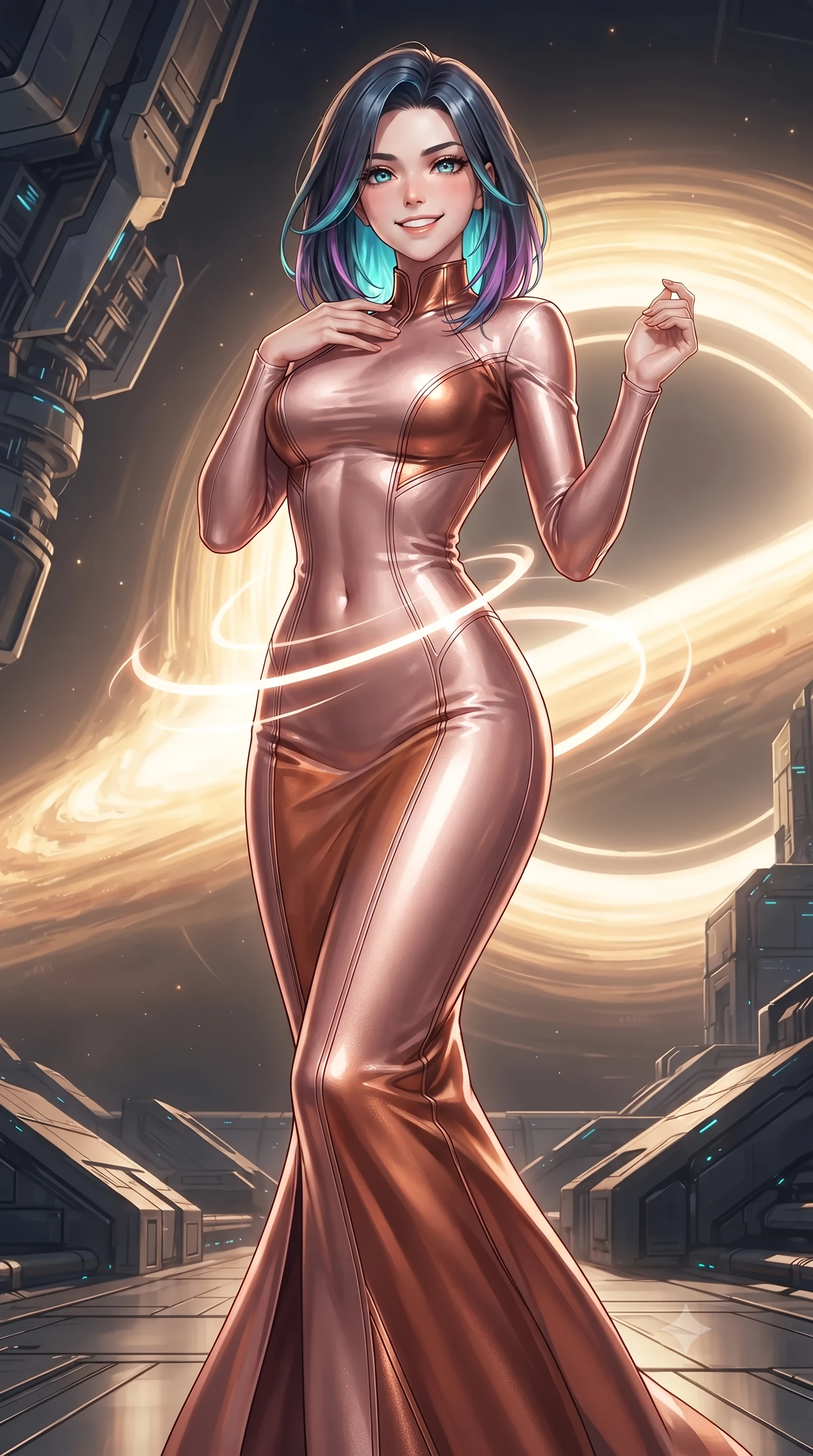 score_9, masterpiece, best quality, ultra-detailed, high-budget anime keyframe, editorial fashion photography, tasteful artistic composition, Caucasian woman. low angle full-body shot from head to toe showing her feet, filling the entire 9:16 vertical frame with her statuesque presence, stretching her vertical silhouette. stepping slowly toward the camera with hypnotic grace, hips swaying in an alluring sensual rhythm that accentuates her curvy hourglass silhouette and long slender legs while twisting her slender torso in an alluring S-curve, brilliant relativity light arcs curving around her flat midriff and hourglass curves. The surrounding environment is rendered in vivid detail and crisp panoramic clarity: detailed garment tailoring, futuristic hardware accents, and monumental interstellar starship architecture in high resolution. She has an exceptionally tall and slender model-like 8.5-heads proportion, an ultra-slim waist, a flat toned midriff, narrow delicate ribcage, and beautifully sculpted feminine hips creating a graceful, slim hourglass silhouette without any bulky heaviness, with impossibly long slender legs. sharp v-shaped jawline, high-bridge nose, intricate jewel-like sparkling eyes with depth, thick eyelashes, glossy parted lips with a natural peach sheen, bright cheerful beaming smile with an enchanting and coquettish sensual glint, exuding both youthful cute charm and seductive allure, flawlessly proportioned anatomical accuracy, strict slender model proportions, natural body alignment, perfectly sculpted long slender limbs, ultra-slim waistline, clean dynamic posture without body distortion. wearing a sculpted second-skin neoprene column gown with subtle architectural seam lines accentuating her curves in high-gloss rose-gold and burnished copper, woven from stretch metallic lurex jersey casting radiant starlight glints across her curves, finished with sleek magnetic buckle closures fluttering in the breeze, the impeccably tailored cut draping gracefully along her slender figure with aristocratic poise. bathed in the blinding golden synchrotron radiation of the accretion disk contrasted with deep obsidian shadow gradients. ultra-reflective glossy finish, specular highlights, rich textural contrasts, high-contrast stereoscopic depth, volumetric dynamic lighting, 2k, ultra detail, master piece, 9:16 ratio