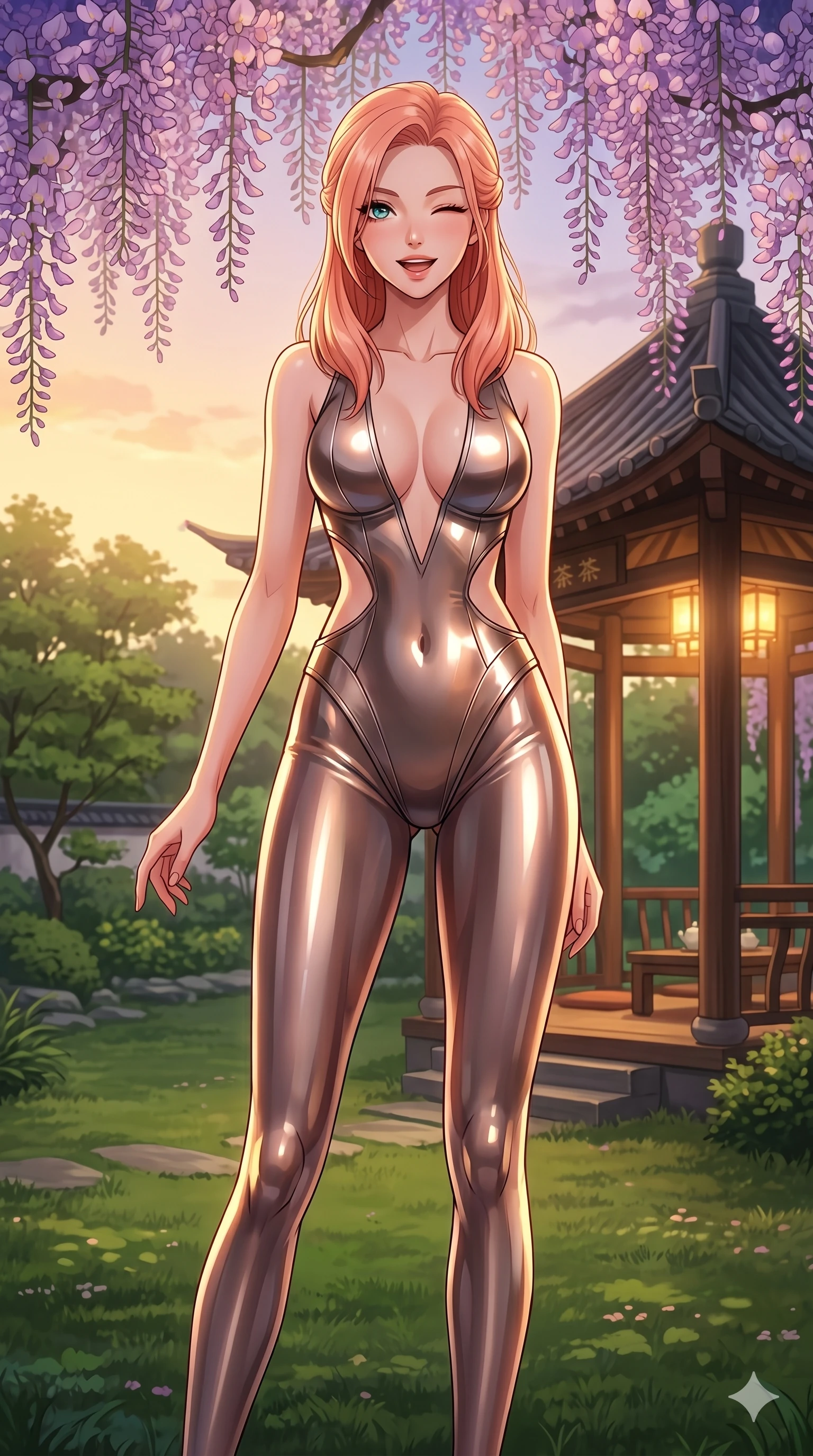 score_9, masterpiece, best quality, ultra-detailed, high-budget anime keyframe, vibrant anime aesthetic, Japanese woman. cowboy shot from the thighs up, character and outfit filling the frame for maximum presence. She is standing under wisteria, winking with a delightful and cheerful face by a quiet outdoor tea pavilion facing a green garden (Code-P20-076). She has an absolutely perfect 8-heads proportion, an exceptionally tall and slender female figure with impossibly long slender legs and an ultra-slim waist. V-shaped jawline, high-bridge nose, intricate jewel-like eyes with depth, thick eyelashes, glossy lips with a natural sheen. wearing a metallic bodysuit with exposed waist and plunging neckline. She is soft golden twilight glow mixed with warm boutique lights, tracing her eyelashes. 2k, ultra detail, master piece, 9:16 ratio