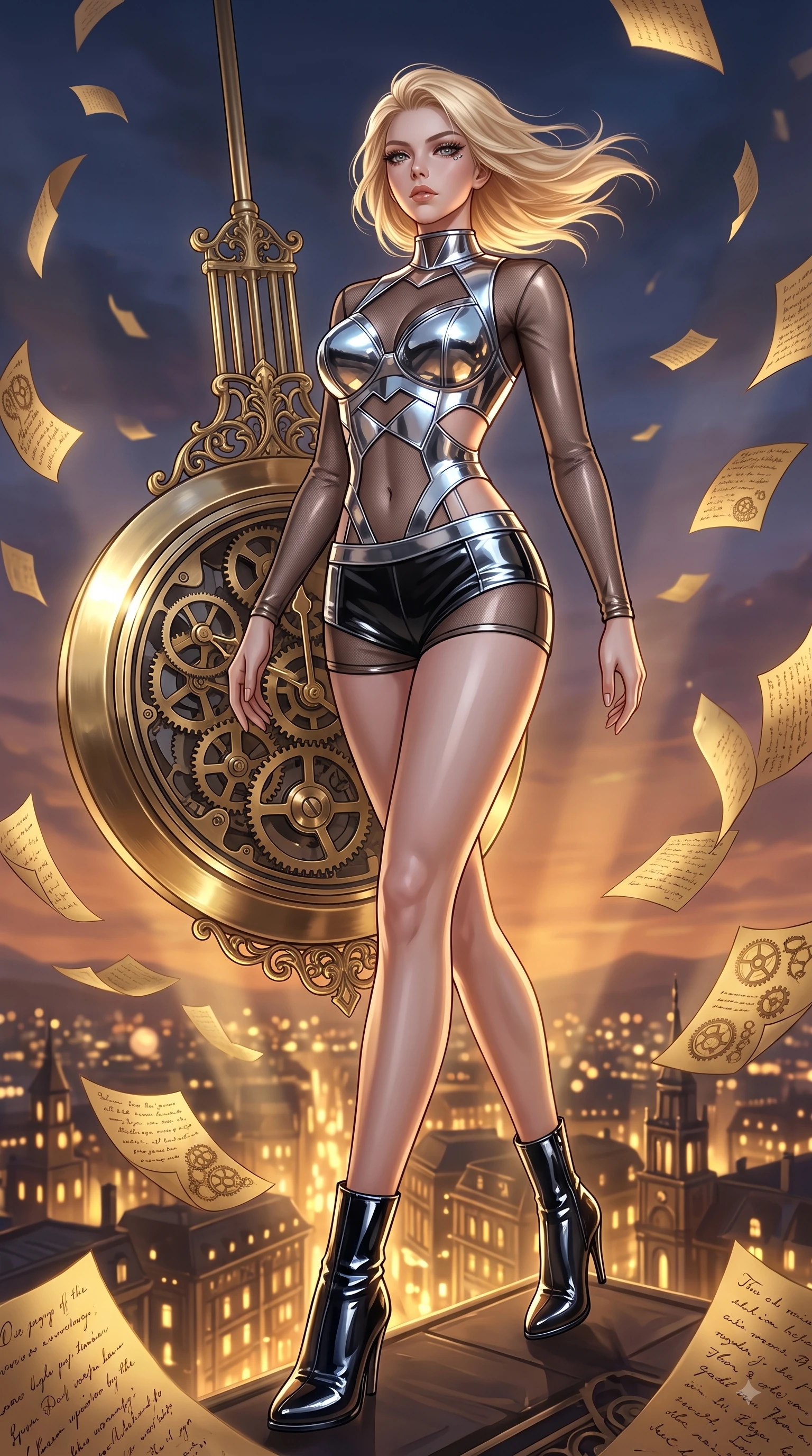 score_9, masterpiece, best quality, ultra-detailed, high-budget anime keyframe, editorial fashion photography, tasteful artistic composition, Caucasian woman. low angle full-body shot from head to toe showing her feet, filling the entire 9:16 vertical frame with her statuesque presence, stretching her vertical silhouette. stepping forward in a proud dynamic stride with an alluring waist tilt, her vertical silhouette filling the frame while resting against a mechanical clock pendulum swinging over a golden illuminated city below, golden paper pages fluttering gently around her in a magical twilight breeze. She has an absolutely perfect, statuesque 8.5-heads proportion, an exceptionally tall and slender model-like female figure with impossibly long slender legs and an ultra-slim waist. sharp v-shaped jawline, high-bridge nose, intricate jewel-like eyes with depth, thick eyelashes, glossy lips with a natural sheen, flawlessly proportioned anatomical accuracy, natural body alignment, perfectly sculpted elegant limbs, clean dynamic posture without body distortion. wearing a chrome-plated structured bodice worn over a sheer mesh top and micro-shorts in matte black and polished silver, tailored from high-gloss patent leather, featuring subtle geometric cutouts that highlight her ultra-slim midriff, the sleek second-skin texture accentuating her magnetic presence. bathed in warm twilight amber backlighting and rich metallic specular glow. ultra-reflective glossy finish, specular highlights, metallic sheen, high-contrast stereoscopic depth, volumetric dynamic lighting, 2k, ultra detail, master piece, 9:16 ratio