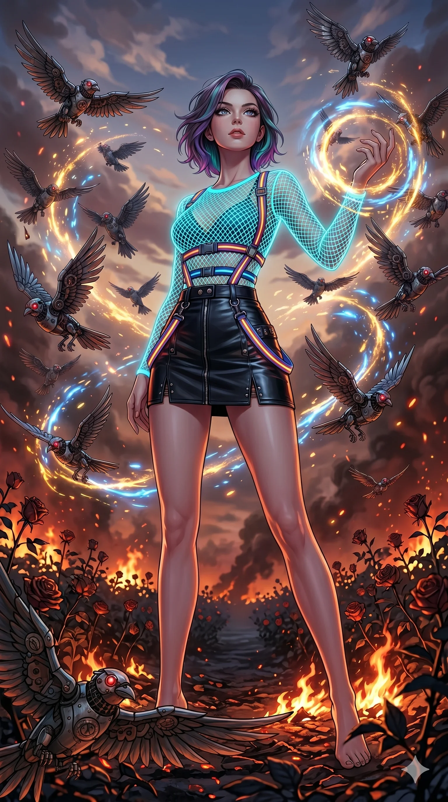 score_9, masterpiece, best quality, ultra-detailed, Set A: High-budget Anime Keyframe, Caucasian (strictly human ears) woman. Low angle cowboy shot filling the entire 9:16 frame with her statuesque presence. Standing victoriously through a burning rose garden, surrounded by a whirlwind of 232 mechanical birds and surrounded by glowing energy sparks. She has an absolutely perfect 8-heads proportion, an exceptionally tall and slender female figure with impossibly long slender legs and an ultra-slim waist. Sharp v-shaped jawline, high-bridge nose, intricate jewel-like eyes with depth, thick eyelashes, glossy lips with a natural sheen. Wearing Fluorescent mesh top with a leather mini-skirt and neon-lit harness details. Cinematic lighting, vibrant colors, dramatic shadows, 2k, ultra detail, master piece, 9:16 ratio