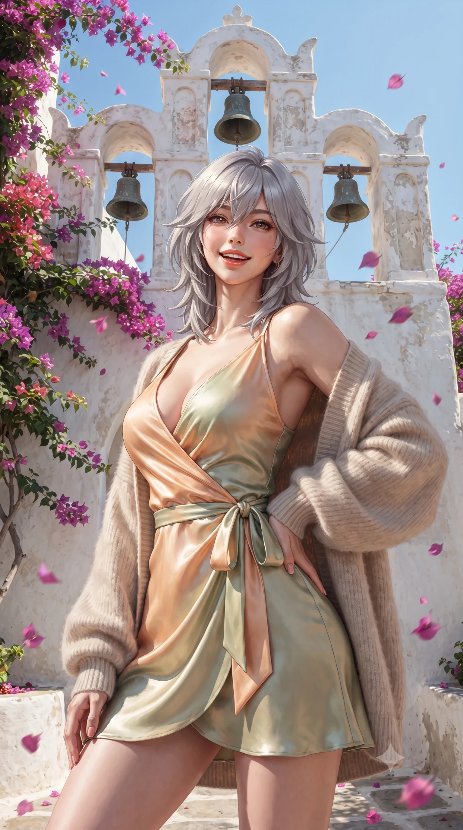 score_9, masterpiece, best quality, ultra-detailed, high-budget anime keyframe, editorial fashion photography, tasteful artistic composition, Japanese woman. close-up cowboy shot from the waist and thighs up, the character dominates the composition, filling the frame with her large presence. twisting her slender torso in an alluring contrapposto stance, one hand resting on her sculpted hip while flashing a radiant, playful smile with parted glossy lips while standing beneath the ornate whitewashed triple bell tower arch, arching her back with a radiant, joyful smile as bougainvillea petals drift down. The surrounding environment is rendered in vivid detail and crisp panoramic clarity. sharp lime-wash plaster textures, bell tower brass bells, and bougainvillea petal venation in deep focus. She has an exceptionally elegant, slender, and willowy female figure with an ultra-slim waist, flat toned midriff, narrow ribcage, and sculpted feminine hips creating an alluring, slim hourglass silhouette without bulk. sharp v-shaped jawline, high-bridge nose, intricate jewel-like sparkling eyes with depth, thick eyelashes, glossy parted lips with a natural peach sheen, bright cheerful beaming smile with an enchanting and coquettish sensual glint, exuding both youthful cute charm and seductive allure, flawlessly proportioned anatomical accuracy, strict slender model proportions, natural body alignment, perfectly sculpted long slender limbs, ultra-slim waistline, clean dynamic posture without body distortion. wearing a breezy wrap mini dress with a deep V-neckline and tie-waist accentuating her sculpted flat midriff and hips in soft apricot and sage green, made of smooth fluid silk satin with a delicate pearlescent sheen, complemented by an oversized soft knit cardigan slipping off one bare shoulder, the form-contouring cut accentuating her sculpted flat midriff, narrow delicate ribcage, and gracefully curvy hips with supermodel precision. illuminated by crisp directional highlights sharply defining her sculpted collarbones, ultra-slim waist, and curvy hips. ultra-reflective glossy finish, specular highlights, rich textural contrasts, high-contrast stereoscopic depth, volumetric dynamic lighting, 2k, ultra detail, master piece, 9:16 ratio