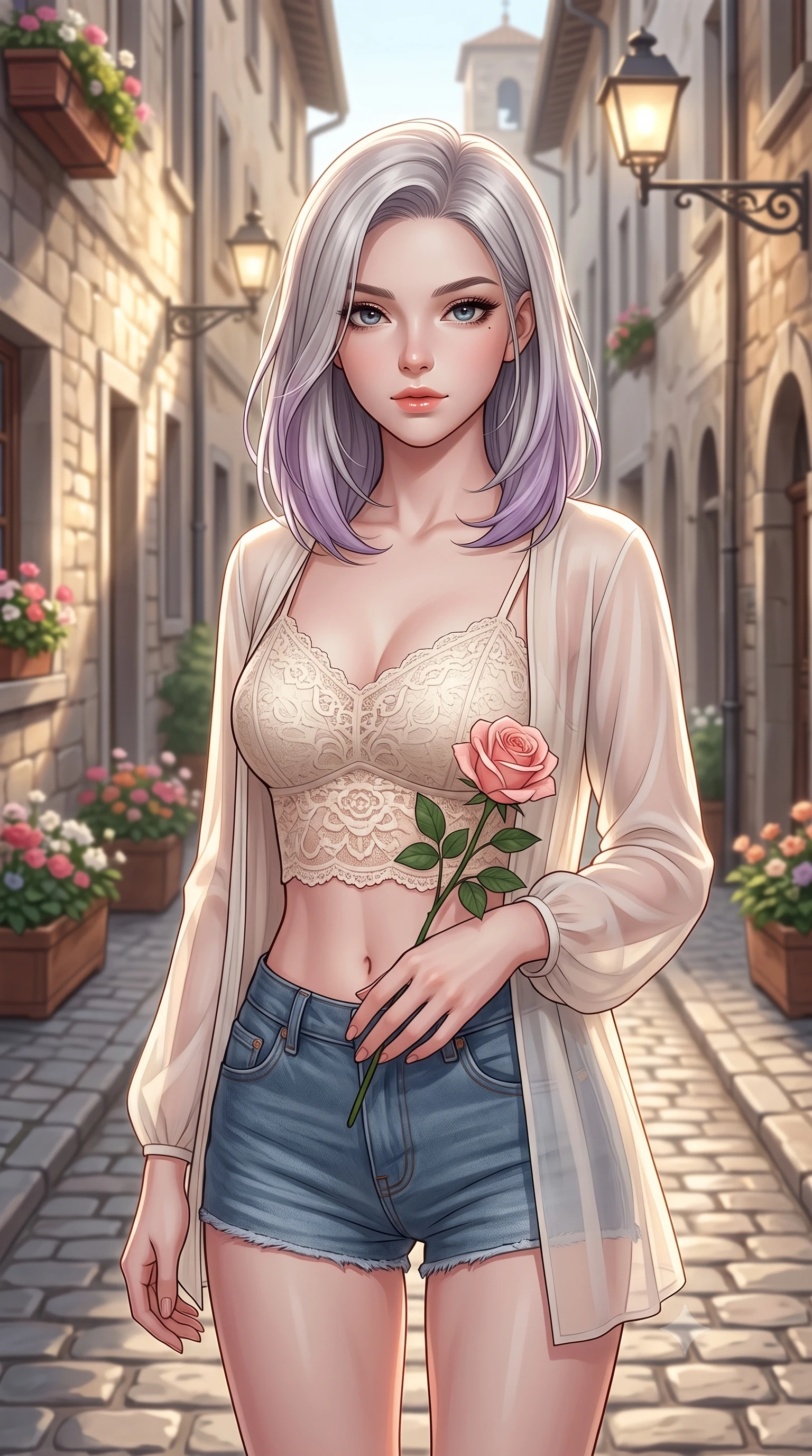 score_9, masterpiece, best quality, ultra-detailed, high-budget anime keyframe, editorial fashion photography, tasteful artistic composition, Caucasian woman woman. close-up cowboy shot from the waist and thighs up, the character dominates the composition, filling the frame with her large presence, background elements kept in soft focus. gazing directly at the viewer with a calm and welcoming expression, holding a fresh flower the background shows a soft-focus a narrow cobblestone street in an old European town, lined with flower boxes and street lamps. She has an exceptionally elegant, slender, and willowy female figure with an ultra-slim waist, a gracefully sculpted slender torso, and a refined silhouette. sharp v-shaped jawline, high-bridge nose, intricate jewel-like eyes with depth, thick eyelashes, glossy lips with a natural sheen. wearing a tailored delicate lace crop top in cream, worn under a semi-opaque chiffon cardigan and denim shorts. soft afternoon sunbeams reflecting off the stone walls and pavement. 2k, ultra detail, master piece, 9:16 ratio