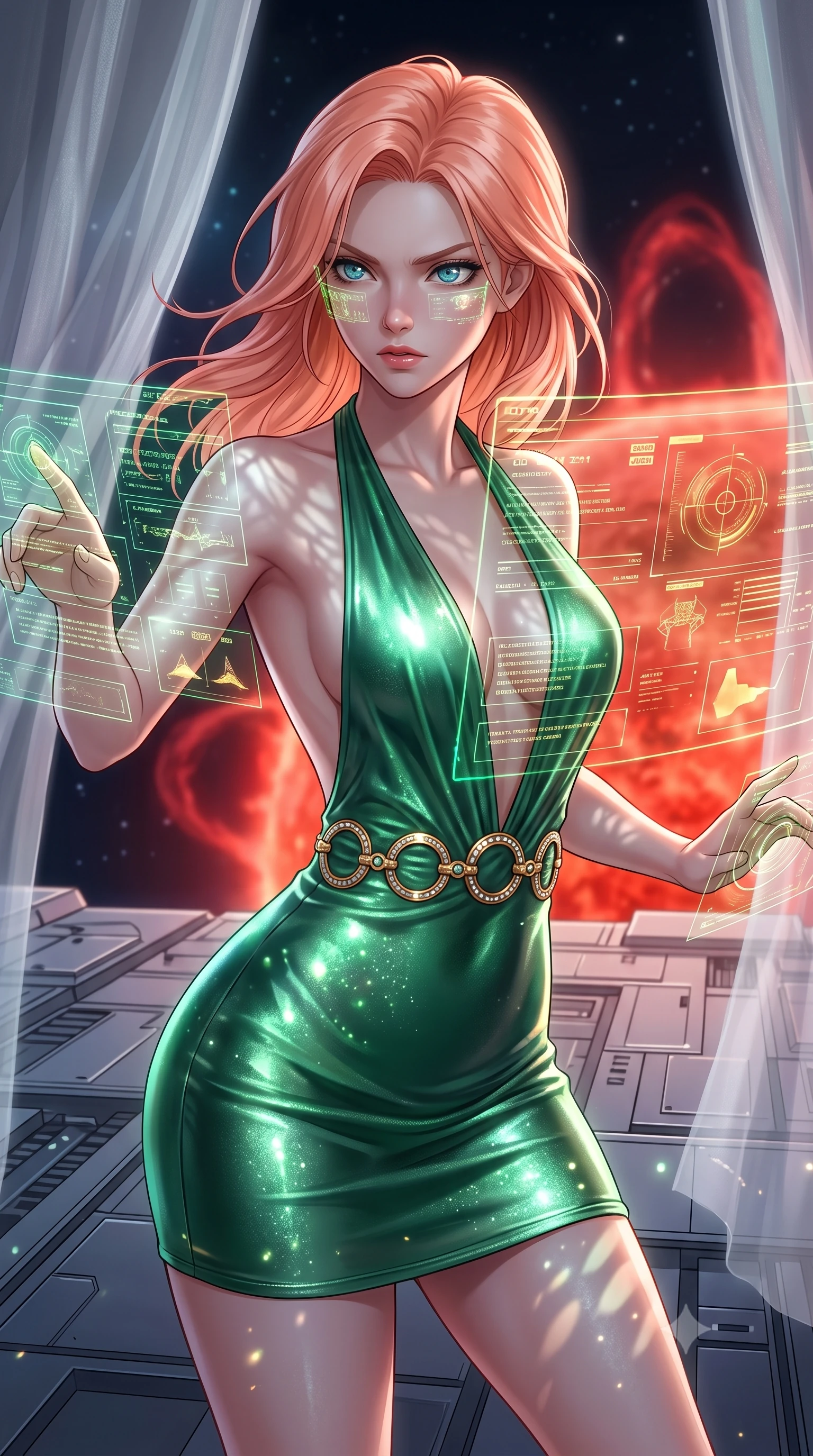 score_9, masterpiece, best quality, ultra-detailed, high-budget anime keyframe, editorial fashion photography, tasteful artistic composition, Japanese woman. close-up cowboy shot from the waist and thighs up, the character dominates the composition, filling the frame with her large presence, background elements kept in soft focus. Scanning the digital tactical security grid with a fierce focused gaze, hologram overlays reflecting in her eyes. set against a soft-focus background of a platform orbiting a massive, dying red star, red plasma arches slowly rising from the surface in background. She has an exceptionally elegant and slender, willowy female figure with an ultra-slim waist, a gracefully sculpted slender torso, and a refined slim physique. sharp v-shaped jawline, high-bridge nose, intricate jewel-like eyes with depth, thick eyelashes, glossy lips with a natural sheen. wearing catching and diffusing the glowing particles, shimmering softly in response to the surrounding light, a body-hugging backless halter mini dress in metallic emerald green, featuring a plunging neckline and gold rings at the waist. highly saturated vibrant anime colors, intense vivid color palette, soft 3D volumetric shading, volumetric dynamic lighting, cold silver moonlight filtered through translucent gossamer curtains casting delicate shadows. 2k, ultra detail, master piece, 9:16 ratio
