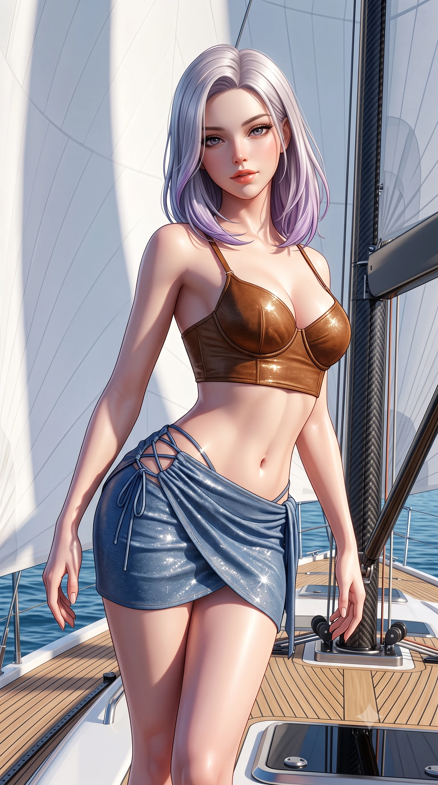 score_9, masterpiece, best quality, ultra-detailed, high-budget anime keyframe, semi-realistic 3D game render, editorial fashion photography, tasteful artistic composition, Caucasian woman. close-up cowboy shot from the waist and thighs up, the character dominates the composition, filling the frame with her large presence. leaning forward while arching her lower back to accentuate her curvy hips, looking into the camera with an intoxicating smoldering gaze and bedroom-eyes while twisting her slender torso in an alluring S-curve, billowing white spinnaker sail casting soft shadow gradients across her curves. The surrounding environment is rendered in vivid detail and crisp panoramic clarity: sharp teak caulking seams, carbon-fiber mast weave, and polished titanium deck hardware in deep focus. She has an exceptionally elegant, slender, and willowy female figure with an ultra-slim waist, flat toned midriff, narrow ribcage, and sculpted feminine hips creating an alluring, slim hourglass silhouette without bulk. sharp v-shaped jawline, high-bridge nose, sparkling eyes with hypnotic seductive depth, thick curled eyelashes, glossy parted lips with a natural dewy peach sheen, alluring bedroom-eyes with an enchanting coquettish smile, exuding magnetic siren charisma and sophisticated glamour, flawlessly proportioned anatomical accuracy, strict slender model proportions, natural body alignment, perfectly sculpted long slender limbs, ultra-slim waistline, clean dynamic posture without body distortion. wearing a structured underwire bikini bustier top paired with an ultra-short draped sarong wrap mini skirt in distressed whiskey leather brown and sun-bleached denim blue, woven from stretch metallic lurex jersey casting radiant starlight glints across her silhouette, featuring fine criss-cross lace-up side ties revealing tantalizing glimpses of her hip curve, the form-contouring silhouette accentuating her sculpted flat midriff, narrow delicate ribcage, and gracefully curvy hips with intoxicating allure. bathed in intense maritime sunlight reflecting from open Mediterranean waters and crisp white sails. highly saturated vibrant anime colors, detailed shading with soft gradients, rich glossy textures, high-contrast stereoscopic depth, volumetric dynamic lighting, master piece, 9:16 ratio