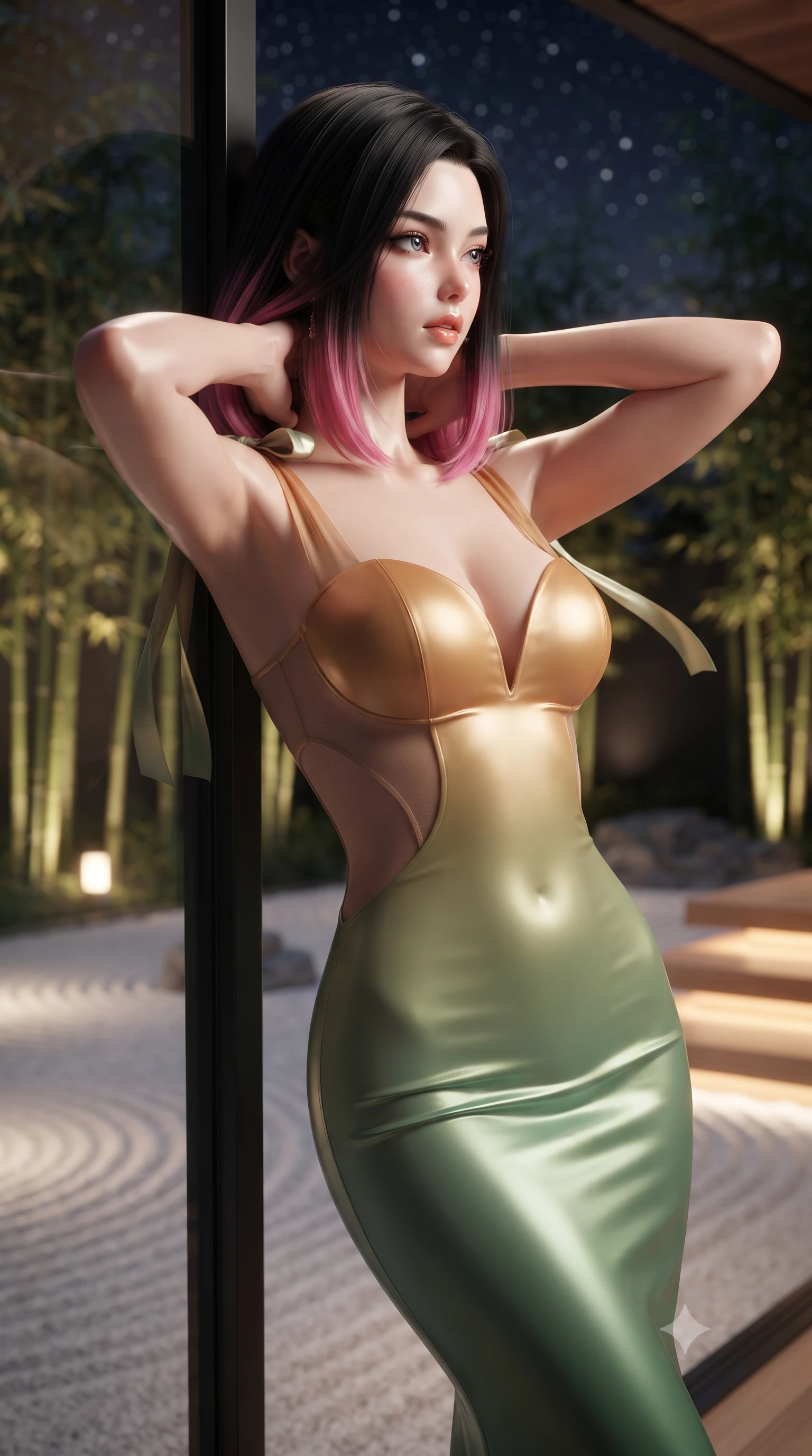 score_9, masterpiece, best quality, ultra-detailed, high-budget anime keyframe, editorial fashion photography, tasteful artistic composition, Korean woman. close-up cowboy shot from the waist and thighs up, the character dominates the composition, filling the frame with her large presence. resting both hands lightly behind her neck with elbows raised, arching her spine to highlight her narrow waist, flat midriff, and breathtaking collarbones while leaning against the slender blackened steel mullion with hips cocked back, looking through illuminated bamboo groves with smoldering bedroom-eyes. The background shows a soft-focus meticulously raked white granite Zen garden waves, illuminated vertical bamboo stems, and starry Tokyo night through glass blurred into ivory, bamboo green, and obsidian bokeh. She has an exceptionally elegant, slender, and willowy female figure with an ultra-slim waist, flat toned midriff, narrow ribcage, and sculpted feminine hips creating an alluring, slim hourglass silhouette without bulk. sharp v-shaped jawline, high-bridge nose, intricate jewel-like sparkling eyes with depth, thick eyelashes, glossy parted lips with a natural peach sheen, bright cheerful beaming smile with an enchanting and coquettish sensual glint, exuding both youthful cute charm and seductive allure, flawlessly proportioned anatomical accuracy, strict slender model proportions, natural body alignment, perfectly sculpted long slender limbs, ultra-slim waistline, clean dynamic posture without body distortion. wearing an alluring plunging sweetheart bustier dress with sheer mesh side-waist cutouts contouring her ribs in Japanese hinoki cedar honey and Kyoto matcha jade, made of fluid liquid jersey with seamless sculpting hold and smooth contours, finished with satin ribbon ties at the shoulders fluttering in the gentle breeze, the bespoke structured tailoring following the natural line of her 8.5-heads silhouette with refined elegance. bathed in the warm 2700K indirect cove illumination concealed beneath floating cedar steps and bamboo uplights. ultra-reflective glossy finish, specular highlights, rich textural contrasts, high-contrast stereoscopic depth, volumetric dynamic lighting, 2k, ultra detail, master piece, 9:16 ratio