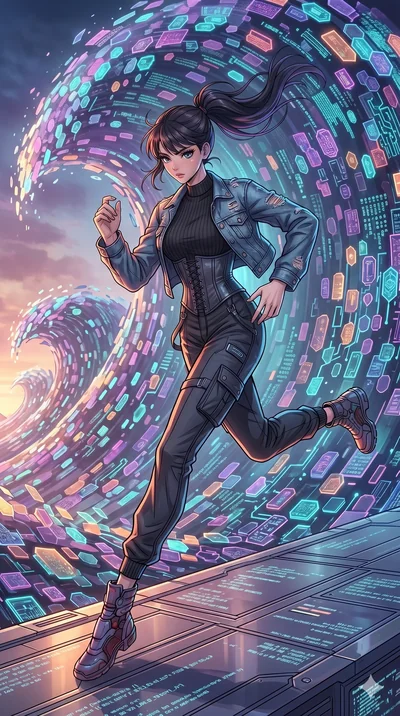 score_9, masterpiece, best quality, ultra-detailed, high-budget anime movie keyframe, cinematic anime lighting, intricate line art, Korean woman. Dynamic full-body shot stretching the vertical silhouette with extreme perspective. sprinting away from 