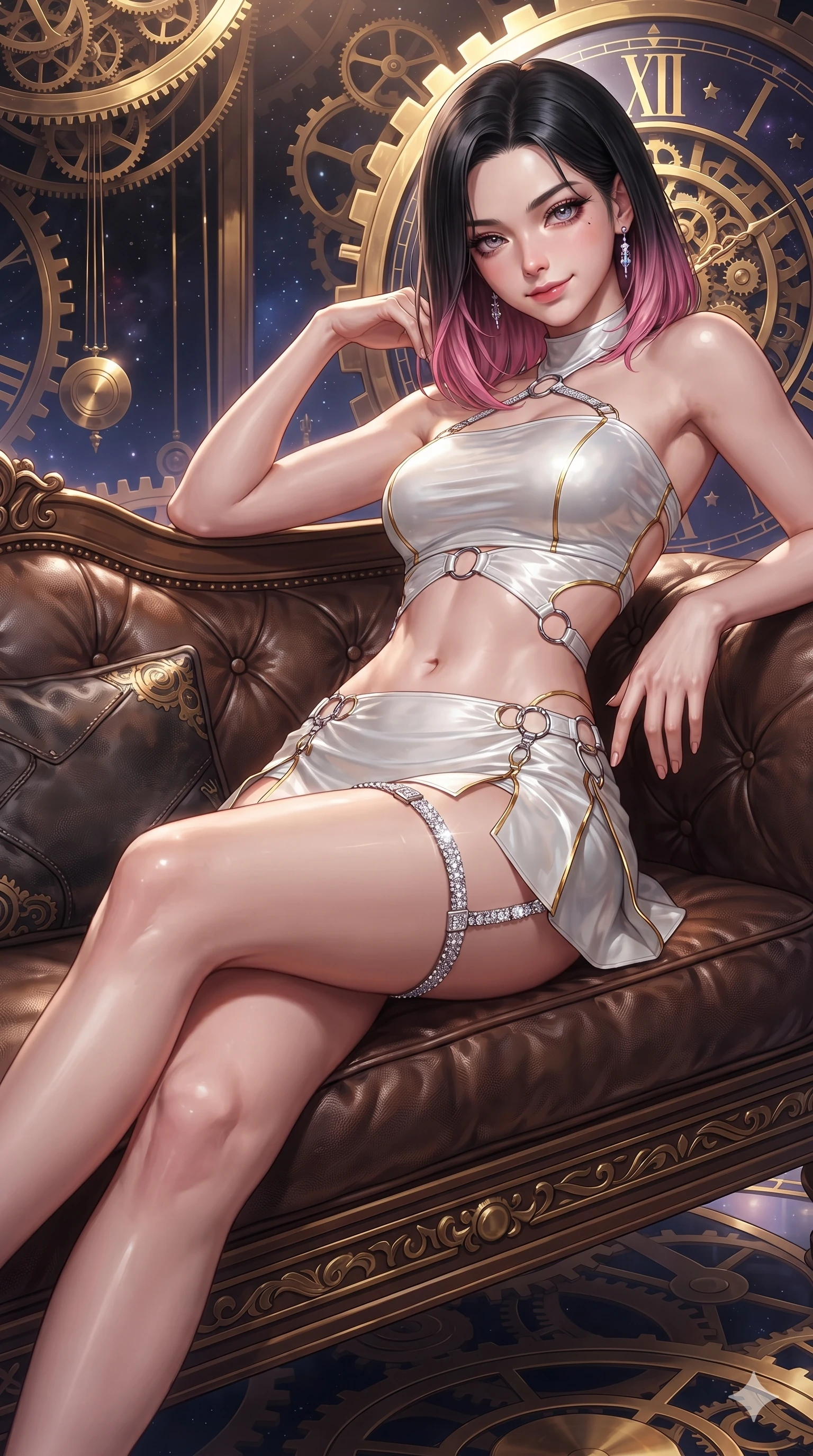 score_9, masterpiece, best quality, ultra-detailed, high-budget anime keyframe, editorial fashion photography, tasteful artistic composition, Korean woman. close-up cowboy shot from the waist and thighs up, the character dominates the composition, filling the frame with her large presence. tilting her head with a teasing half-smile, running one hand slowly down the side of her hip in a flirtatious S-curve as ambient light caresses her silhouette while lounging gracefully across the leather-cushioned clockwork settee propped on one elbow with legs extended, displaying her long slender limbs and statuesque hourglass silhouette against the cosmic gears. The surrounding environment is rendered in vivid detail and crisp panoramic clarity: detailed haute-couture tailoring, wet-look liquid fabric drape, and colossal horological architecture in razor-sharp precision. She has an exceptionally elegant, slender, and willowy female figure with an ultra-slim waist, flat toned midriff, narrow ribcage, and sculpted feminine hips creating an alluring, slim hourglass silhouette without bulk. sharp v-shaped jawline, high-bridge nose, intricate jewel-like sparkling eyes with depth, thick eyelashes, glossy parted lips with a natural peach sheen, bright cheerful beaming smile with an enchanting and coquettish sensual glint, exuding both youthful cute charm and seductive allure, flawlessly proportioned anatomical accuracy, strict slender model proportions, natural body alignment, perfectly sculpted long slender limbs, ultra-slim waistline, clean dynamic posture without body distortion. wearing an ultra-cropped fitted bandeau top paired with a micro mini tennis skirt revealing her flat toned midriff in Kintsugi celestial white porcelain and liquid gold, adorned with delicate chrome ring hardware and cutouts along her slender waist, finished with delicate crystal-encrusted thigh garter straps glinting in the dim light, the precision-cut side openings and low-back scoop framing her graceful spine and the sensual sweep of her slim, toned hips. illuminated by gear train reflection bounce and sharp gold-violet rim lights sculpting her razor-sharp jawline, narrow waist, and curvy hips. ultra-reflective glossy finish, specular highlights, rich textural contrasts, high-contrast stereoscopic depth, volumetric dynamic lighting, 2k, ultra detail, master piece, 9:16 ratio
