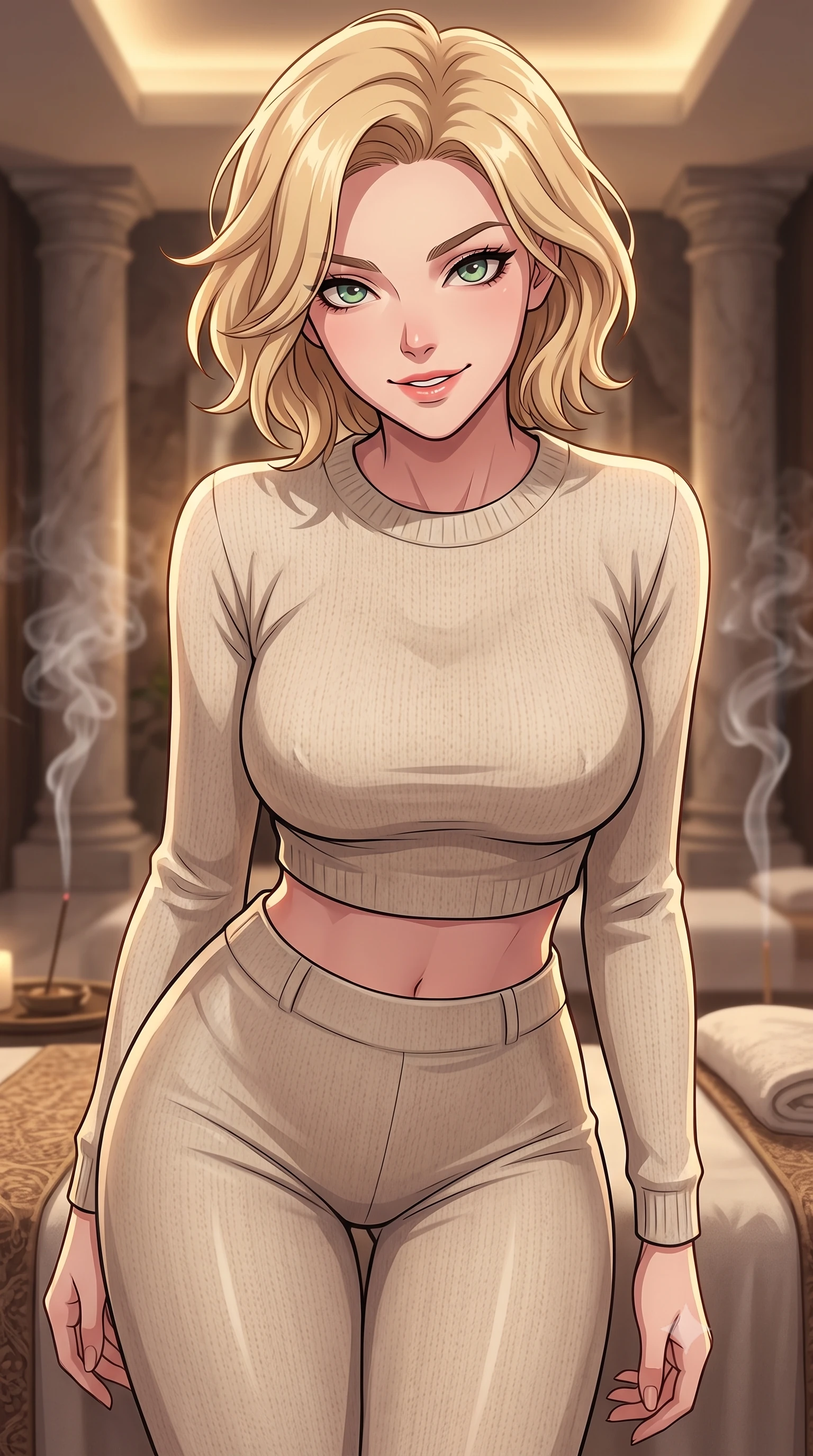 score_9, masterpiece, best quality, ultra-detailed, high-budget anime keyframe, tasteful artistic composition, Caucasian woman. close-up cowboy shot from the waist and thighs up, the character dominates the composition, filling the frame with her large presence, background elements kept in soft focus. leaning slightly forward with a playful, teasing smile, her gaze locked onto the viewer the background shows a soft-focus a high-end spa suite room with stone pillars and soft incense smoke rising. She has an exceptionally elegant, slender, and willowy female figure with an ultra-slim waist, a gracefully sculpted slender torso, and a refined silhouette. sharp v-shaped jawline, high-bridge nose, intricate jewel-like eyes with depth, thick eyelashes, glossy lips with a natural sheen. wearing a body-hugging tight-fitting crop sweater in oatmeal wool, paired with high-waisted form-fitting pants. low-contrast, soft warm ambient uplight casting a peaceful glow. highly saturated vibrant anime colors, cel-shading, 2d style, master piece, 9:16 ratio