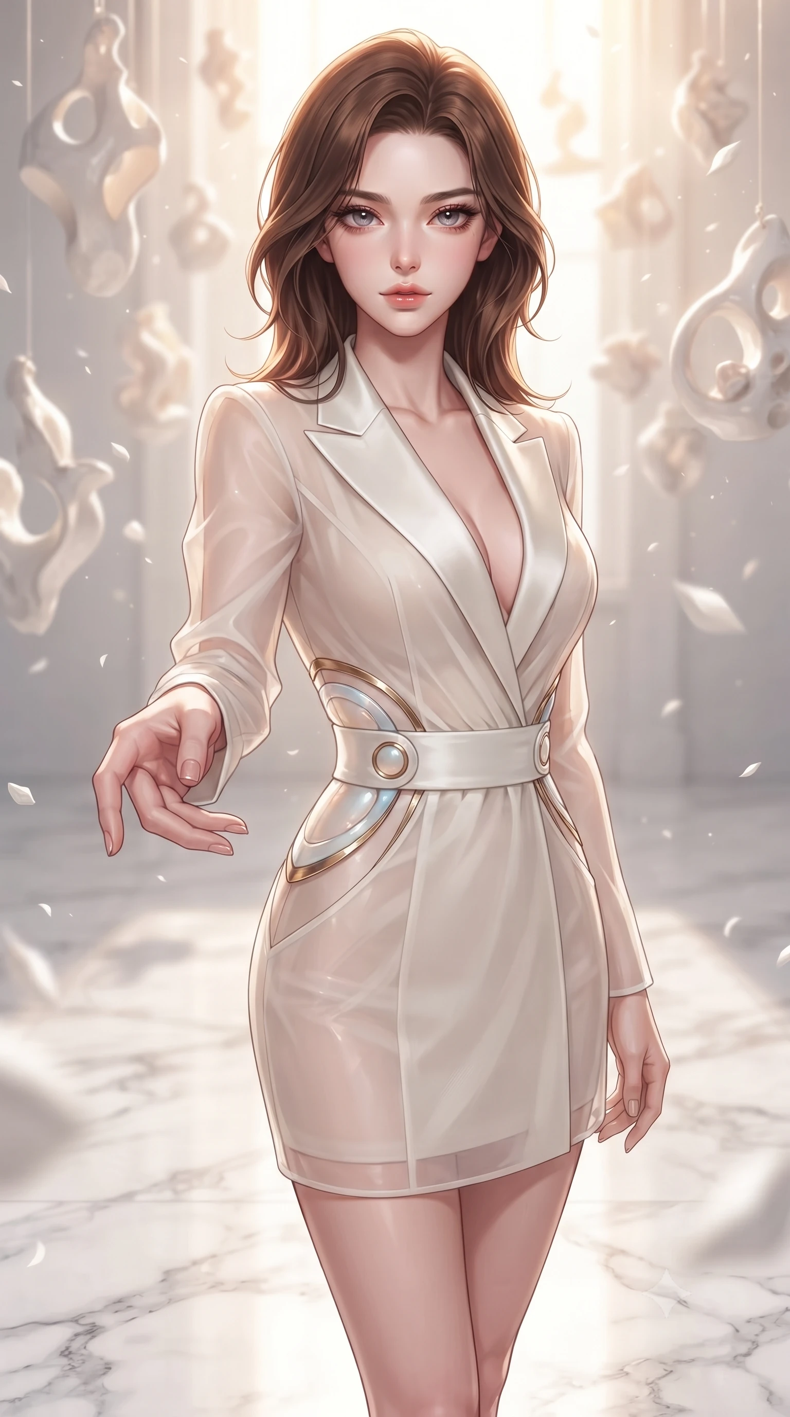 score_9, masterpiece, best quality, ultra-detailed, high-budget anime keyframe, editorial fashion photography, tasteful artistic composition, Korean woman. close-up cowboy shot from the waist and thighs up, the character dominates the composition, filling the frame with her large presence, background elements kept in soft focus. Reaching one hand toward the viewer with relaxed elegance, poised on a white marble floor surrounded by suspended Bisque porcelain artwork, soft white ceramic dust motes floating in bright warm sunbeams. She has an exceptionally elegant, slender, and willowy female figure with an ultra-slim waist, a gracefully sculpted slender torso, and a refined silhouette. sharp v-shaped jawline, high-bridge nose, intricate jewel-like eyes with depth, thick eyelashes, glossy lips with a natural sheen. wearing tailored ivory tux dress with satin lapels and fitted waist in pearl white, made of sheer opal chiffon overlay, accented with sculpted opal chrome rings at the waist, following her slender form with tailored precision. surrounded by a soft radiant inner glow and crisp metallic gold highlights. highly saturated vibrant anime colors, detailed shading with soft gradients, rich glossy textures, high-contrast stereoscopic depth, volumetric dynamic lighting, master piece, 9:16 ratio