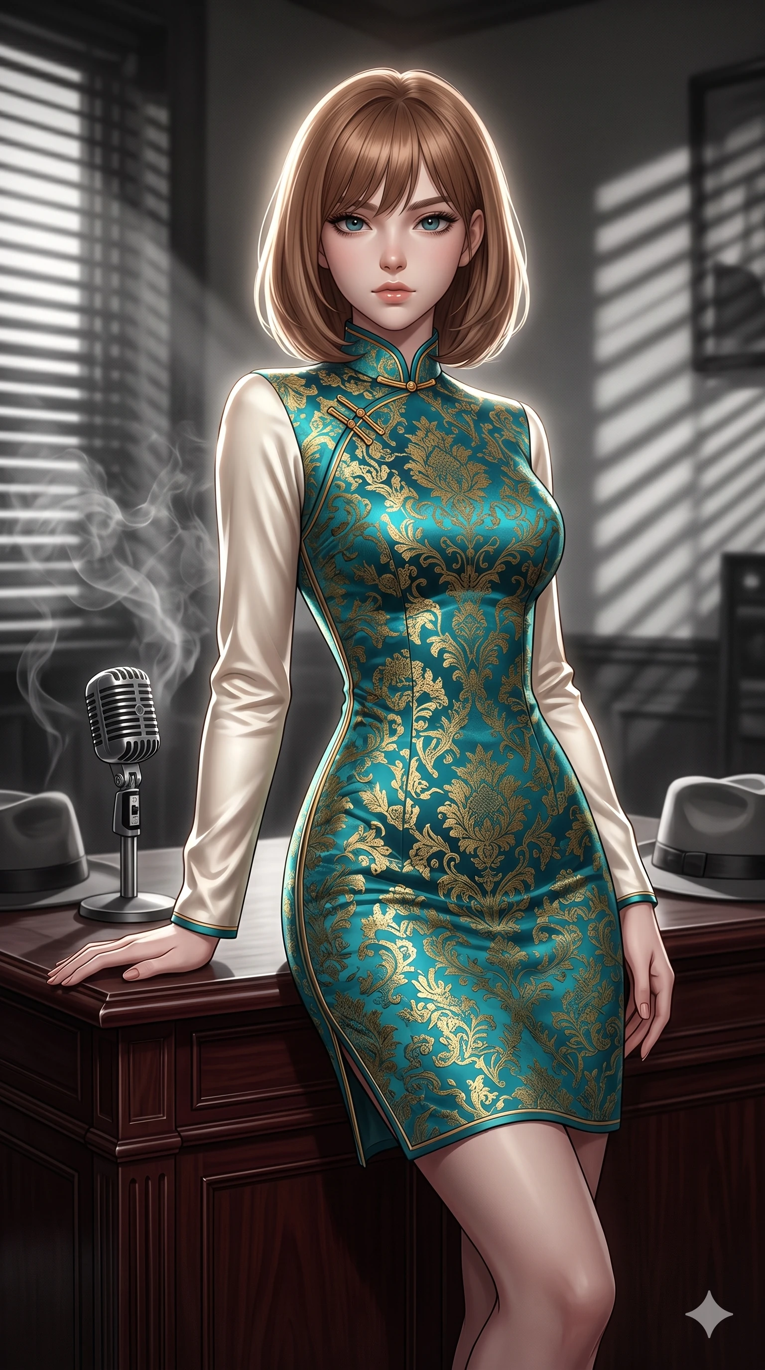 score_9, masterpiece, best quality, ultra-detailed, high-budget anime keyframe, editorial fashion photography, tasteful artistic composition, Caucasian woman, strictly human ears. close-up cowboy shot from the waist and thighs up, the character dominates the composition, filling the frame with her large presence, background elements kept in soft focus. Resting one arm elegantly against a surface with a poised relaxed stance. set against a soft-focus background of a classic monochrome film noir movie set with venetian blind shadows cutting across the space smoky tendrils drifting past a vintage microphone and a fedora resting on a mahogany desk. She has an exceptionally elegant and slender, willowy female figure with an ultra-slim waist, a gracefully sculpted slender torso, and a refined slim physique. sharp v-shaped jawline, high-bridge nose, intricate jewel-like eyes with depth, thick eyelashes, glossy lips with a natural sheen. wearing a contemporary qipao-inspired dress in vibrant teal and gold brocade, featuring a mandarin collar and elegant ivory satin long sleeves. dramatic backlight creating a radiant halo effect around her entire silhouette. 2k, ultra detail, master piece, 9:16 ratio