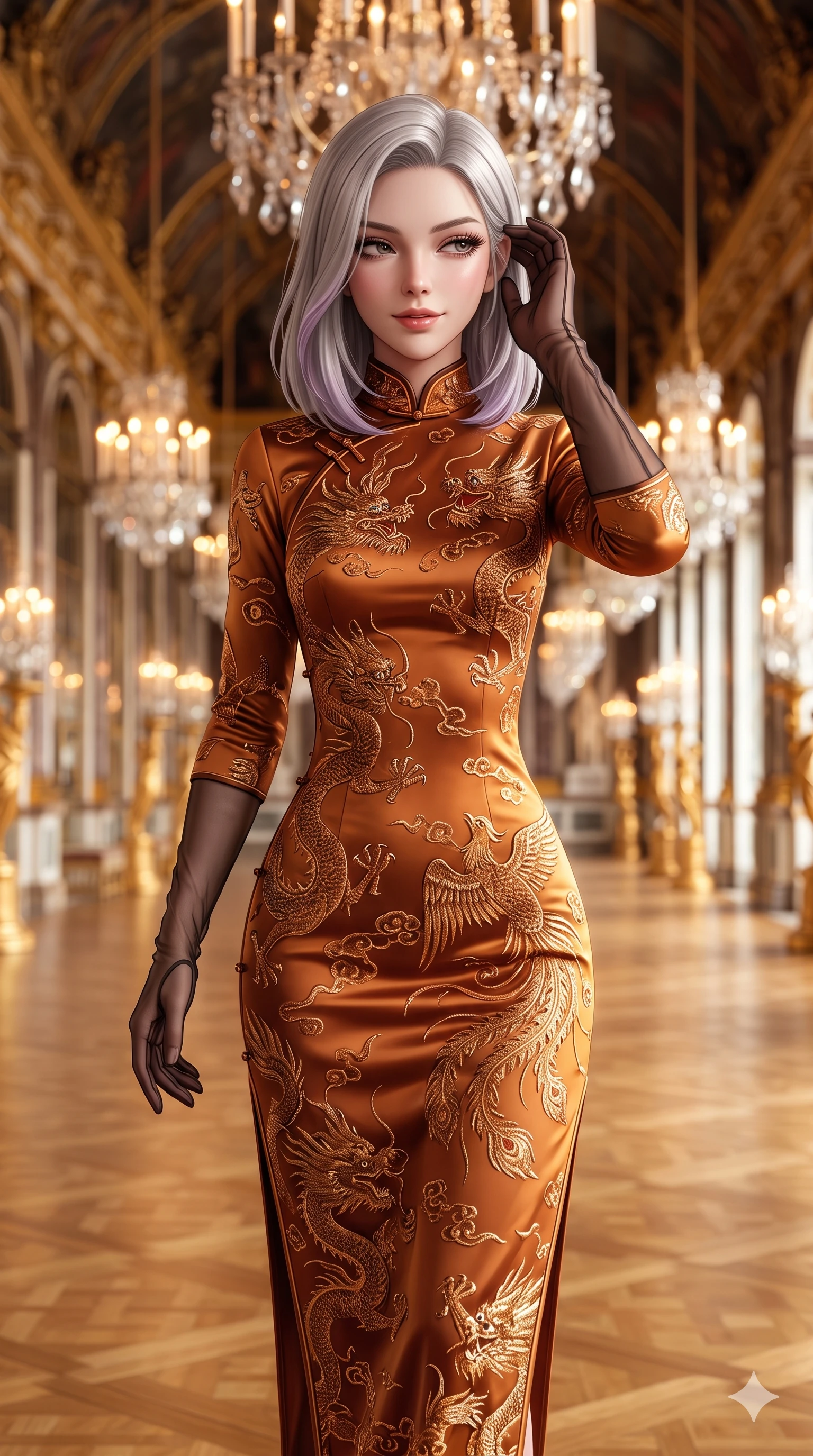 score_9, masterpiece, best quality, ultra-detailed, high-budget anime keyframe, semi-realistic 3D game render, editorial fashion photography, tasteful artistic composition, Caucasian woman. close-up cowboy shot from the waist and thighs up, the character dominates the composition, filling the frame with her large presence. gently brushing a lock of hair behind her ear while casting a playful, flirtatious side-gaze with long eyelashes while stepping forward with hypnotic grace down the gallery aisle, hips swaying in an alluring sensual rhythm that accentuates her curvy hourglass silhouette. The background shows a soft-focus infinite receding gilded mirror reflections, multi-tiered crystal chandeliers, and polished parquet flooring blurred into gold, crystal, and champagne bokeh. She has an exceptionally elegant, slender, and willowy female figure with an ultra-slim waist, flat toned midriff, narrow ribcage, and sculpted feminine hips creating an alluring, slim hourglass silhouette without bulk. sharp v-shaped jawline, high-bridge nose, intricate jewel-like sparkling eyes with depth, thick eyelashes, glossy parted lips with a natural sheen, intensely captivating and seductive bedroom-eyes expression, exuding both youthful cute charm and sovereign luxury allure, flawlessly proportioned anatomical accuracy, strict slender model proportions, natural body alignment, perfectly sculpted long slender limbs, ultra-slim waistline, clean dynamic posture without body distortion. wearing an aristocratic high-neck Mandarin collar long-sleeve silk cheongsam evening gown with embroidered dragon-and-phoenix crests in rich copper bronze and warm amber, tailored from heavy double-faced silk georgette with an exceptionally fluid drape, complemented by sheer opera-length evening gloves tracing her slender arms, the impeccably tailored cut draping gracefully along her slender figure with aristocratic poise. bathed in the warm, sparkling brilliance of hundreds of crystal chandelier prisms creating complex multidirectional highlights. highly saturated vibrant anime colors, detailed shading with soft gradients, rich glossy textures, high-contrast stereoscopic depth, volumetric dynamic lighting, master piece, 9:16 ratio