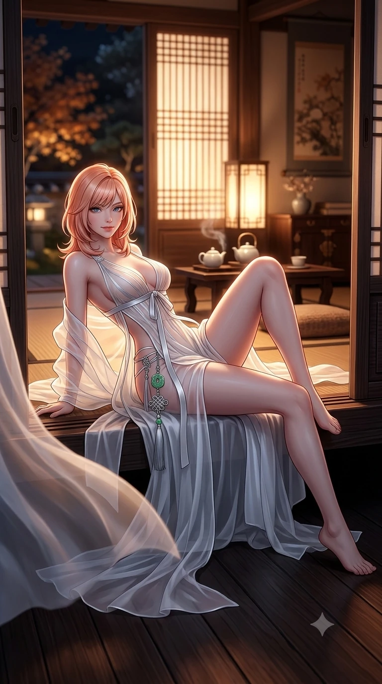 score_9, masterpiece, best quality, ultra-detailed, high-budget anime keyframe, semi-realistic 3D game render, editorial fashion photography, tasteful artistic composition, Japanese woman. low angle full-body shot from head to toe showing her feet, filling the entire 9:16 vertical frame with her statuesque presence, stretching her vertical silhouette. reclining on her side in an elegant Cleopatra pose with one knee drawn up, the dramatic contour of her rounded hips and long slender legs commanding the 9:16 vertical frame while standing poised in the doorway opening, night breezes billowing her sheer silk garments open around her long slender legs. The background shows a soft-focus glowing rice-paper changhoji lattice screens, steaming ceramic teapots, and distant autumn gardens blurred into amber, cream, and charcoal bokeh. She has an absolutely perfect, statuesque 8.5-heads proportion, an exceptionally tall and slender model-like female figure with impossibly long slender legs, an ultra-slim waist, a flat toned midriff, narrow delicate ribcage, and beautifully sculpted feminine hips creating a graceful, slim hourglass silhouette without any bulky heaviness. sharp v-shaped jawline, high-bridge nose, sparkling eyes with hypnotic seductive depth, thick curled eyelashes, glossy parted lips with a natural dewy peach sheen, alluring bedroom-eyes with an enchanting coquettish smile, exuding magnetic siren charisma and sophisticated glamour, flawlessly proportioned anatomical accuracy, strict slender model proportions, natural body alignment, perfectly sculpted long slender limbs, ultra-slim waistline, clean dynamic posture without body distortion. wearing a plunge-front sheer illusion tulle slip dress with liquid platinum ribbon stripes and silk otgoreum ties hugging her curves in celestial pearl white and moonlight platinum, tailored from fine ribbed modal knit with gentle elastic contouring and soft hand-feel, finished with authentic carved jade pendants and traditional norigae knots, the precision-cut side openings and low-back scoop framing her graceful spine and the sensual sweep of her slim, toned hips. illuminated by polished floor bounce and sharp rose-gold rim lights defining her razor-sharp jawline, narrow waist, and curvy hips. highly saturated vibrant anime colors, detailed shading with soft gradients, rich glossy textures, high-contrast stereoscopic depth, volumetric dynamic lighting, master piece, 9:16 ratio