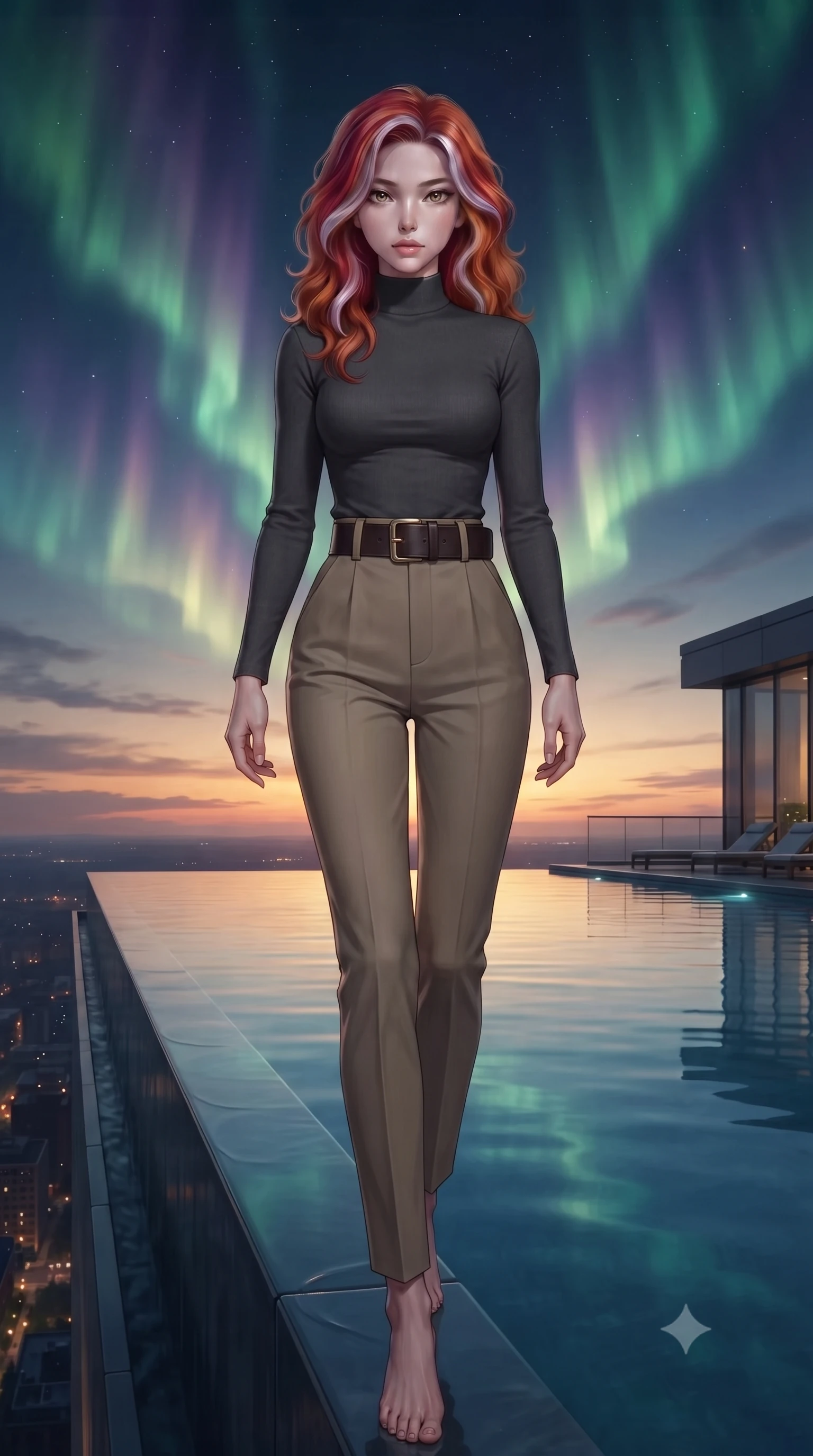 score_9, masterpiece, best quality, ultra-detailed, high-budget anime keyframe, editorial fashion photography, tasteful artistic composition, Caucasian woman, strictly human ears. low angle full-body shot from head to toe showing her feet, filling the entire 9:16 vertical frame with her statuesque presence, stretching her vertical silhouette. vaulting dynamically through standing at the vanishing edge of a rooftop infinity pool at twilight where the still water surface blends seamlessly into the sunset horizon creating the illusion of swimming into the sky. She has a statuesque 8.5-heads proportion, an exceptionally tall, slender and willowy model-like build with impossibly long legs and a highly sculpted ultra-slim waist. sharp v-shaped jawline, high-bridge nose, intricate jewel-like eyes with depth, thick eyelashes, glossy lips with a natural sheen. wearing a fitted mock-neck jersey top in charcoal, tucked into high-waisted tailored khaki trousers with a wide belt. illuminated by a shifting aurora palette of green violet and gold from above. 2k, ultra detail, master piece, 9:16 ratio