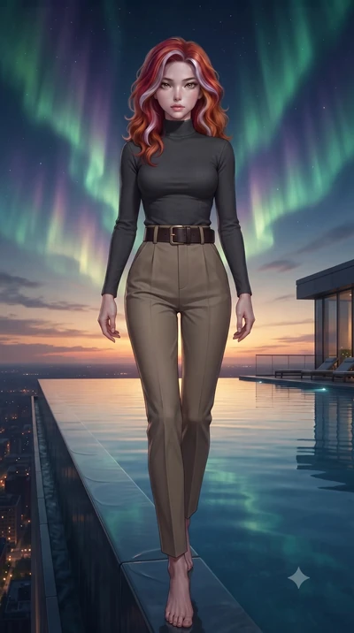 score_9, masterpiece, best quality, ultra-detailed, high-budget anime keyframe, editorial fashion photography, tasteful artistic composition, Caucasian woman, strictly human ears. low angle full-body shot from head to toe showing her feet, filling th