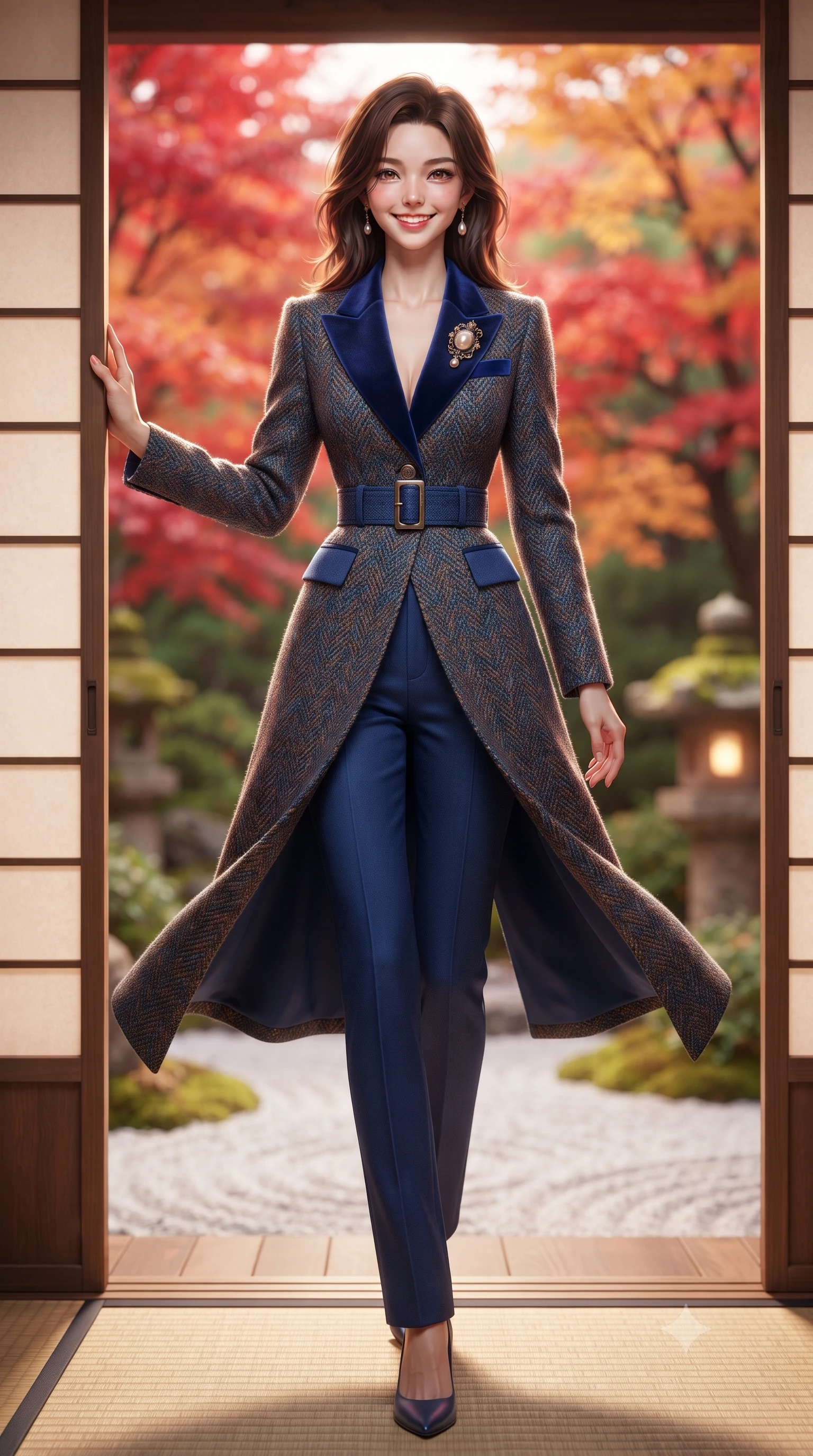 score_9, masterpiece, best quality, ultra-detailed, high-budget anime keyframe, editorial fashion photography, tasteful artistic composition, Korean woman. low angle full-body shot from head to toe showing her feet, filling the entire 9:16 vertical frame with her statuesque presence, stretching her vertical silhouette. stepping forward gracefully in mid-motion with a radiant beaming smile, her long tailored coat fluttering around her slender legs while standing poised at the threshold between tatami salon and autumn garden, one hand touching the sliding shoji screen frame with quiet grace. The background shows a soft-focus vibrant crimson and vermilion Japanese maple leaves, raked white gravel zen patterns, and mossy stone lanterns blurred into scarlet, amber, and moss green bokeh. She has an exceptionally tall and slender model-like 8.5-heads proportion, an ultra-slim waist, a flat toned midriff, narrow delicate ribcage, and beautifully sculpted feminine hips creating a graceful, slim hourglass silhouette without any bulky heaviness, with impossibly long slender legs. sharp v-shaped jawline, high-bridge nose, intricate jewel-like sparkling eyes with depth, thick eyelashes, glossy parted lips with a natural peach sheen, bright cheerful beaming smile with an enchanting and coquettish sensual glint, exuding both youthful cute charm and seductive allure, flawlessly proportioned anatomical accuracy, strict slender model proportions, natural body alignment, perfectly sculpted long slender limbs, ultra-slim waistline, clean dynamic posture without body distortion. wearing a retro Art Deco embroidered wool blazer with velvet lapels paired with high-waisted pressed trousers in royal sapphire blue and antique brushed bronze, tailored from heritage British Harris Tweed with rich multi-tonal yarn weave, complemented by an antique baroque pearl brooch pinned tastefully on the lapel, the structured cinched belt emphasizing her narrow waistline and gracefully balanced proportions with timeless haute-couture polish. illuminated by white gravel garden bounce and warm vermilion-gold rim lights defining her delicate features, jawline, and graceful silhouette. ultra-reflective glossy finish, specular highlights, rich textural contrasts, high-contrast stereoscopic depth, volumetric dynamic lighting, 2k, ultra detail, master piece, 9:16 ratio