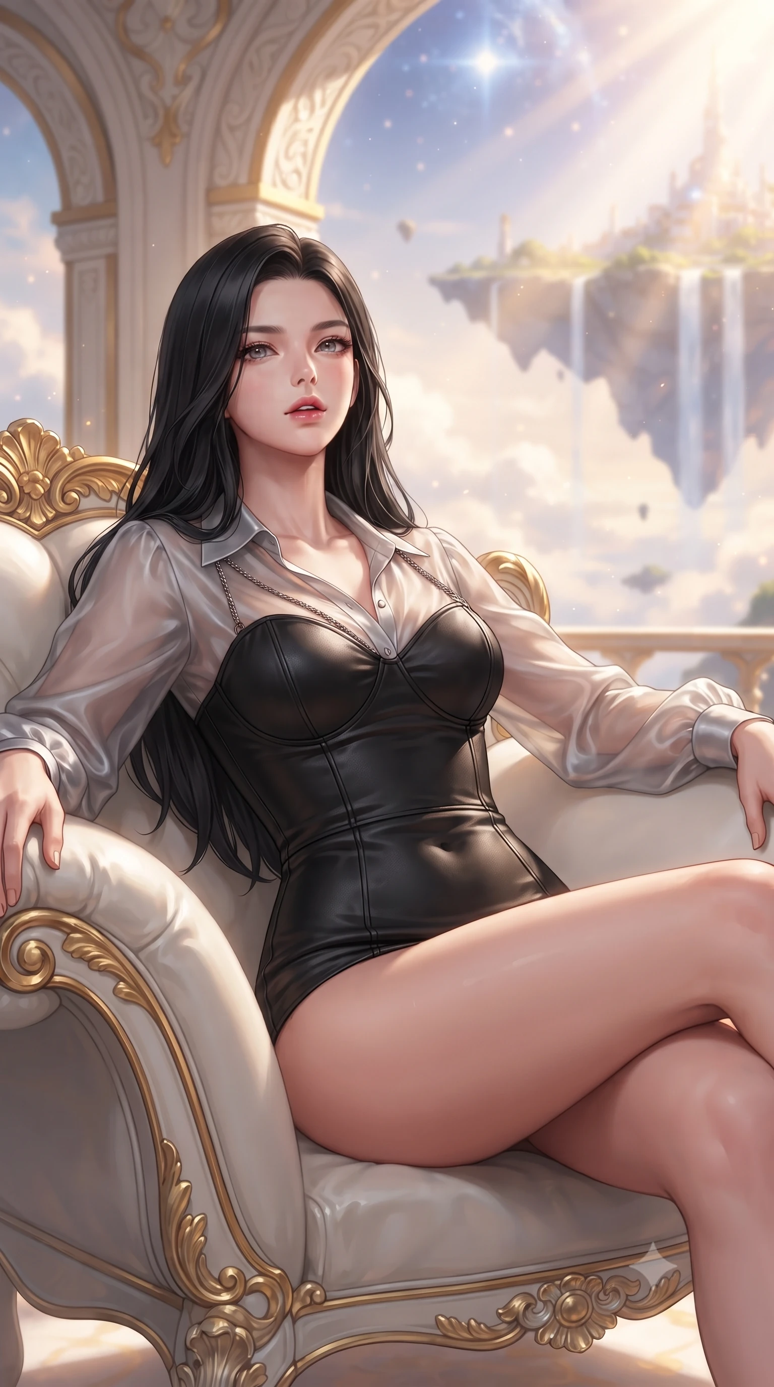 score_9, masterpiece, best quality, ultra-detailed, high-budget anime keyframe, editorial fashion photography, tasteful artistic composition, Korean woman. close-up cowboy shot from the waist and thighs up, the character dominates the composition, filling the frame with her large presence, background elements kept in soft focus. Tilting her chin up slightly with lips parted in a magnetic, composed expression resting on a luxurious white lounge chair overlooking a floating sky island, opulent gold-leaf trim and carved ivory archways framed beautifully. She has an exceptionally elegant, slender, and willowy female figure with an ultra-slim waist, a gracefully sculpted slender torso, and a refined silhouette. sharp v-shaped jawline, high-bridge nose, intricate jewel-like eyes with depth, thick eyelashes, glossy lips with a natural sheen. wearing a tailored leather bustier over a sheer silk chiffon blouse in matte black and polished silver, crafted from smooth liquid silk, adorned with delicate metallic chain straps along the neckline, the tailored fabric tightly following every curve of her athletic build. bathed in glorious golden hour sunbeams and warm rose-gold ambient light. highly saturated vibrant anime colors, detailed shading with soft gradients, rich glossy textures, high-contrast stereoscopic depth, volumetric dynamic lighting, master piece, 9:16 ratio