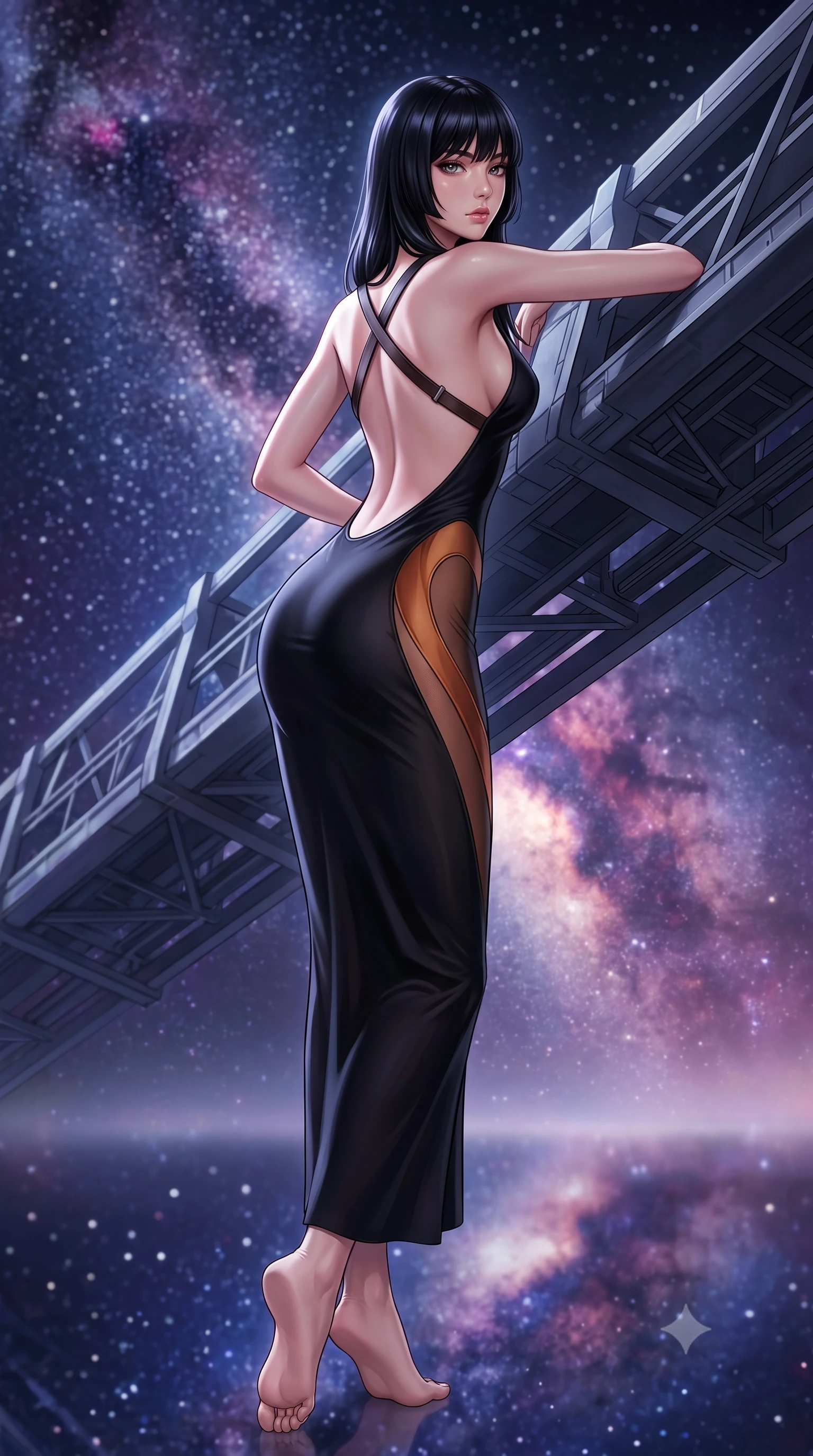 score_9, masterpiece, best quality, ultra-detailed, high-budget anime keyframe, semi-realistic 3D game render, editorial fashion photography, tasteful artistic composition, Caucasian woman. low angle full-body shot from head to toe showing her feet, filling the entire 9:16 vertical frame with her statuesque presence, stretching her vertical silhouette. leaning deep against the structural architecture with hips cocked in an unapologetically bold, seductive high-fashion stance while leaning back with relaxed seductive grace, her sculpted collarbones and narrow waist highlighted as she casts smoldering bedroom-eyes into the cosmic void. The composition keeps background elements in soft focus with creamy bokeh. countless glittering stars and purple galactic dust lanes of the Milky Way blurred into deep indigo, magenta, and starlight bokeh in both sky and water. She has an exceptionally tall and slender model-like 8.5-heads proportion, an ultra-slim waist, a flat toned midriff, narrow delicate ribcage, and beautifully sculpted feminine hips creating a graceful, slim hourglass silhouette without any bulky heaviness, with impossibly long slender legs. sharp v-shaped jawline, high-bridge nose, intricate jewel-like eyes with depth, thick eyelashes, glossy parted lips with a natural sheen, intensely captivating and seductive bedroom-eyes expression, flawlessly proportioned anatomical accuracy, strict slender model proportions, natural body alignment, perfectly sculpted long slender limbs, ultra-slim waistline, clean dynamic posture without body distortion. wearing a second-skin black silk jersey maxi dress with asymmetrical sheer mesh side panels tracing the full curve of her hip in rich copper bronze and warm amber, tailored from liquid silk jersey adhering flawlessly to her slender build, featuring an open-back criss-cross harness strap in dark leather, the dramatically scooped open back descending to the base of her spine, accentuating her razor-sharp statuesque lines and slim hourglass silhouette. illuminated by soft ambient celestial rim lighting sharply sculpting her razor-sharp jawline, narrow waist, and curvy hips. highly saturated vibrant anime colors, detailed shading with soft gradients, rich glossy textures, high-contrast stereoscopic depth, volumetric dynamic lighting, master piece, 9:16 ratio