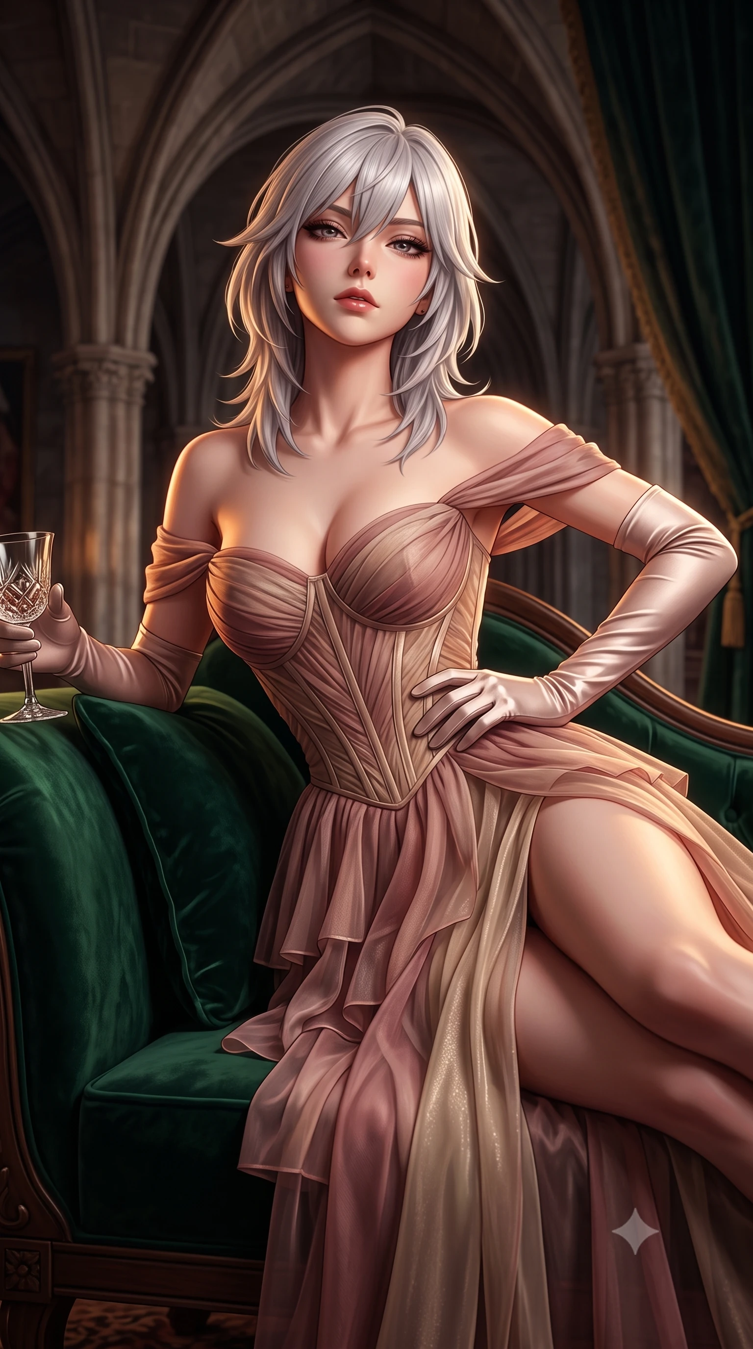 score_9, masterpiece, best quality, ultra-detailed, high-budget anime keyframe, semi-realistic 3D game render, editorial fashion photography, tasteful artistic composition, Japanese woman. close-up cowboy shot from the waist and thighs up, the character dominates the composition, filling the frame with her large presence. tilting her chin up with proud, sovereign allure while gazing through thick eyelashes, one hand resting on her waist in pure supermodel charisma while reclining across a deep emerald velvet chaise lounge propped on one elbow, her slender waist and curved hips sculpted by warm hearth fire chiaroscuro. The composition keeps background elements in soft focus with creamy bokeh. towering gothic stone rib vaults and heavy velvet tapestries softened in moody shallow focus. She has an exceptionally elegant, slender, and willowy female figure with an ultra-slim waist, flat toned midriff, narrow ribcage, and sculpted feminine hips creating an alluring, slim hourglass silhouette without bulk. sharp v-shaped jawline, high-bridge nose, intricate jewel-like eyes with depth, thick eyelashes, glossy parted lips with a natural sheen, intensely captivating and seductive bedroom-eyes expression, flawlessly proportioned anatomical accuracy, strict slender model proportions, natural body alignment, perfectly sculpted long slender limbs, ultra-slim waistline, clean dynamic posture without body distortion. wearing an off-shoulder French court corset bodice dress paired with a tiered translucent chiffon slit skirt in dusky blush rose and shimmering champagne shimmer, woven from layered gossamer chiffon with a weightless sweeping drape, accessorized with opera-length satin gloves and a vintage crystal glass, the glove-like aerodynamic silhouette tightly following the natural contour of her hips and long slender legs with statuesque 8.5-heads elegance. illuminated by crisp directional rim lighting sharply carving her razor-sharp jawline, narrow waist, and curvy hips. highly saturated vibrant anime colors, detailed shading with soft gradients, rich glossy textures, high-contrast stereoscopic depth, volumetric dynamic lighting, master piece, 9:16 ratio