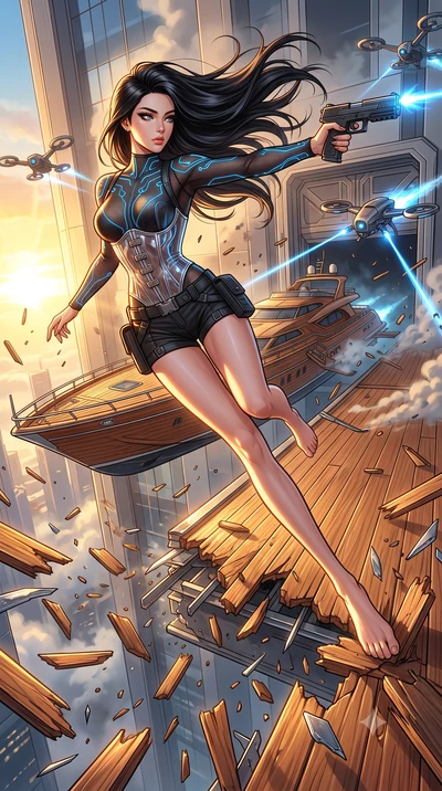 score_9, masterpiece, best quality, ultra-detailed, high-budget anime keyframe, editorial fashion photography, tasteful artistic composition, Korean woman. low angle full-body shot from head to toe showing her feet, filling the entire 9:16 vertical f