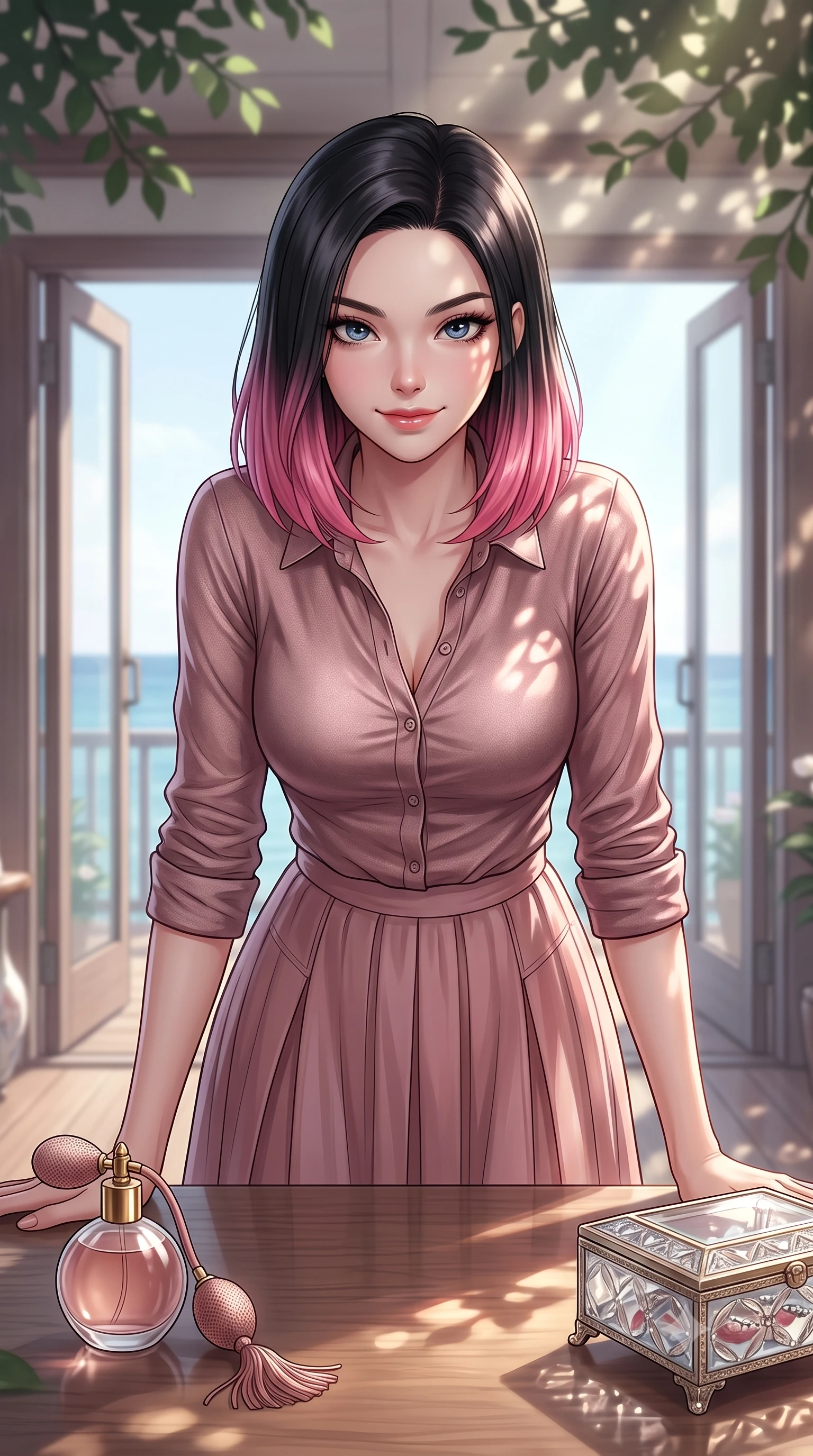 score_9, masterpiece, best quality, ultra-detailed, high-budget anime keyframe, editorial fashion photography, tasteful artistic composition, Korean woman. close-up cowboy shot from the waist and thighs up, the character dominates the composition, filling the frame with her large presence, background elements kept in soft focus. leaning slightly forward over the table with a playful, magnetic smile that locks direct eye contact set against a soft-focus background of inside an exclusive coastal veranda with a vintage perfume atomizer and crystal jewelry box reflecting soft light. She has an exceptionally elegant, slender, and willowy female figure with an ultra-slim waist, a gracefully sculpted slender torso, and a refined silhouette. sharp v-shaped jawline, high-bridge nose, intricate jewel-like eyes with depth, thick eyelashes, glossy lips with a natural sheen. wearing form-contouring dusty rose metallic jersey casual linen button-down shirt paired with a flowy pleated midi skirt featuring refined tailored seams. highlighted by dappled sunlight filtering through leafy branches, creating soft organic patterns. highly saturated vibrant anime colors, detailed shading with soft gradients, rich glossy textures, high-contrast stereoscopic depth, volumetric dynamic lighting, master piece, 9:16 ratio