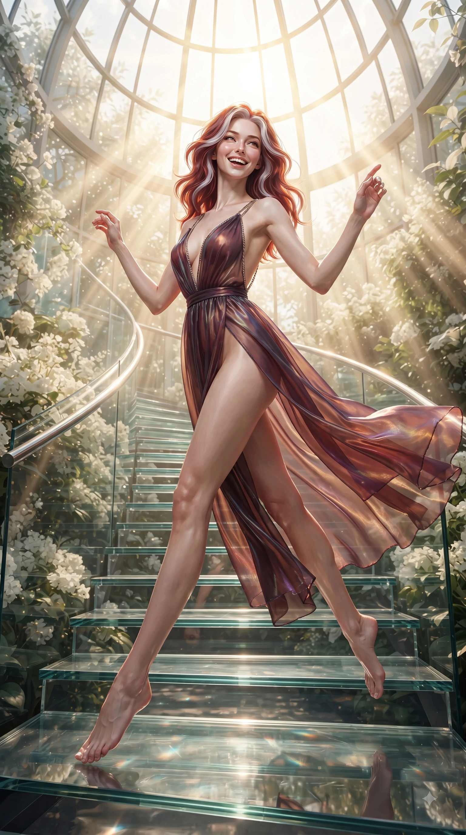 score_9, masterpiece, best quality, ultra-detailed, high-budget anime keyframe, editorial fashion photography, tasteful artistic composition, Caucasian woman. low angle full-body shot from head to toe showing her feet, filling the entire 9:16 vertical frame with her statuesque presence, stretching her vertical silhouette. leaping with pure joy through mid-air with a radiant bright smile, her impossibly long slender legs stretched in perfect balance while ascending a vertical glass spiral staircase with a cheerful beaming expression, intense volumetric sunbeams filtering through the glass dome ceiling in bright golden rays. She has an absolutely perfect, statuesque 8.5-heads proportion, an exceptionally tall and slender model-like female figure with impossibly long slender legs and an ultra-slim waist. sharp v-shaped jawline, high-bridge nose, intricate jewel-like eyes with depth, thick eyelashes, glossy lips with a natural sheen, flawlessly proportioned anatomical accuracy, natural body alignment, perfectly sculpted elegant limbs, clean dynamic posture without body distortion. wearing a translucent iridescent chiffon gown with a plunging neckline and open back in deep burgundy and bronze, crafted from smooth liquid silk, adorned with delicate metallic chain straps along the neckline, the sleek second-skin texture accentuating her magnetic presence. surrounded by a bright, airy greenhouse ambiance with radiant white and green highlights. ultra-reflective glossy finish, specular highlights, metallic sheen, high-contrast stereoscopic depth, volumetric dynamic lighting, 2k, ultra detail, master piece, 9:16 ratio