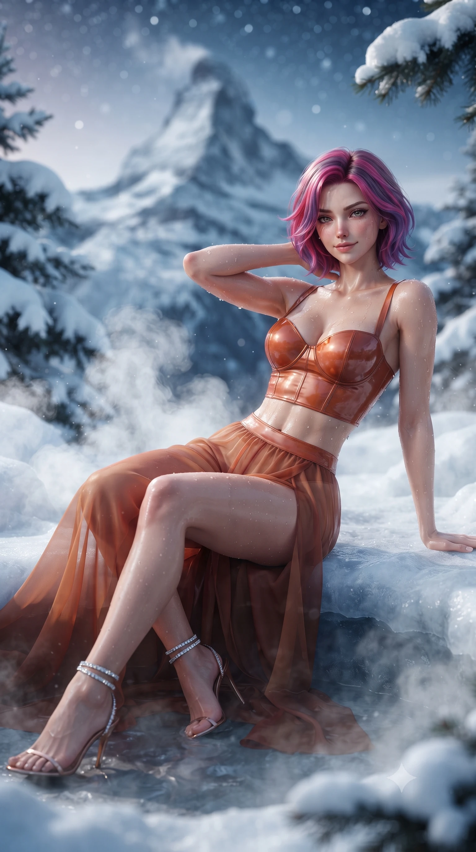 score_9, masterpiece, best quality, ultra-detailed, high-budget anime keyframe, editorial fashion photography, tasteful artistic composition, Caucasian woman. close-up cowboy shot from the waist and thighs up, the character dominates the composition, filling the frame with her large presence. resting both hands lightly behind her neck with elbows raised, arching her spine to highlight her narrow waist, flat midriff, and breathtaking collarbones while lounging in the shallow thermal cove propped on one elbow, her statuesque 8.5-heads silhouette commanding the icy alpine mountain panorama. The background shows a soft-focus billowing thermal steam clouds, heavy snowdrifts on dark pine branches, and distant jagged Matterhorn peaks blurred into slate blue, ivory, and starlight bokeh. She has an exceptionally elegant, slender, and willowy female figure with an ultra-slim waist, flat toned midriff, narrow ribcage, and sculpted feminine hips creating an alluring, slim hourglass silhouette without bulk. sharp v-shaped jawline, high-bridge nose, sparkling eyes with hypnotic seductive depth, thick curled eyelashes, glossy parted lips with a natural dewy peach sheen, alluring bedroom-eyes with an enchanting coquettish smile, exuding magnetic siren charisma and sophisticated glamour, flawlessly proportioned anatomical accuracy, strict slender model proportions, natural body alignment, perfectly sculpted long slender limbs, ultra-slim waistline, clean dynamic posture without body distortion. wearing a wet-look form-fitting vinyl bustier paired with sheer chiffon high-slit wide-leg trousers in sun-drenched Tuscan terracotta and burnished copper, woven from buttery-soft stretch lambskin leather adhering to her body like a second skin, complemented by strappy stiletto sandals with crystal ankle wraps accentuating her slender calves, the form-contouring silhouette accentuating her sculpted flat midriff, narrow delicate ribcage, and gracefully curvy hips with intoxicating allure. illuminated by rising steam particle light scatter and sharp platinum rim lights sculpting her jawline, flat midriff, and voluptuous hip curves. ultra-reflective glossy finish, specular highlights, rich textural contrasts, high-contrast stereoscopic depth, volumetric dynamic lighting, 2k, ultra detail, master piece, 9:16 ratio