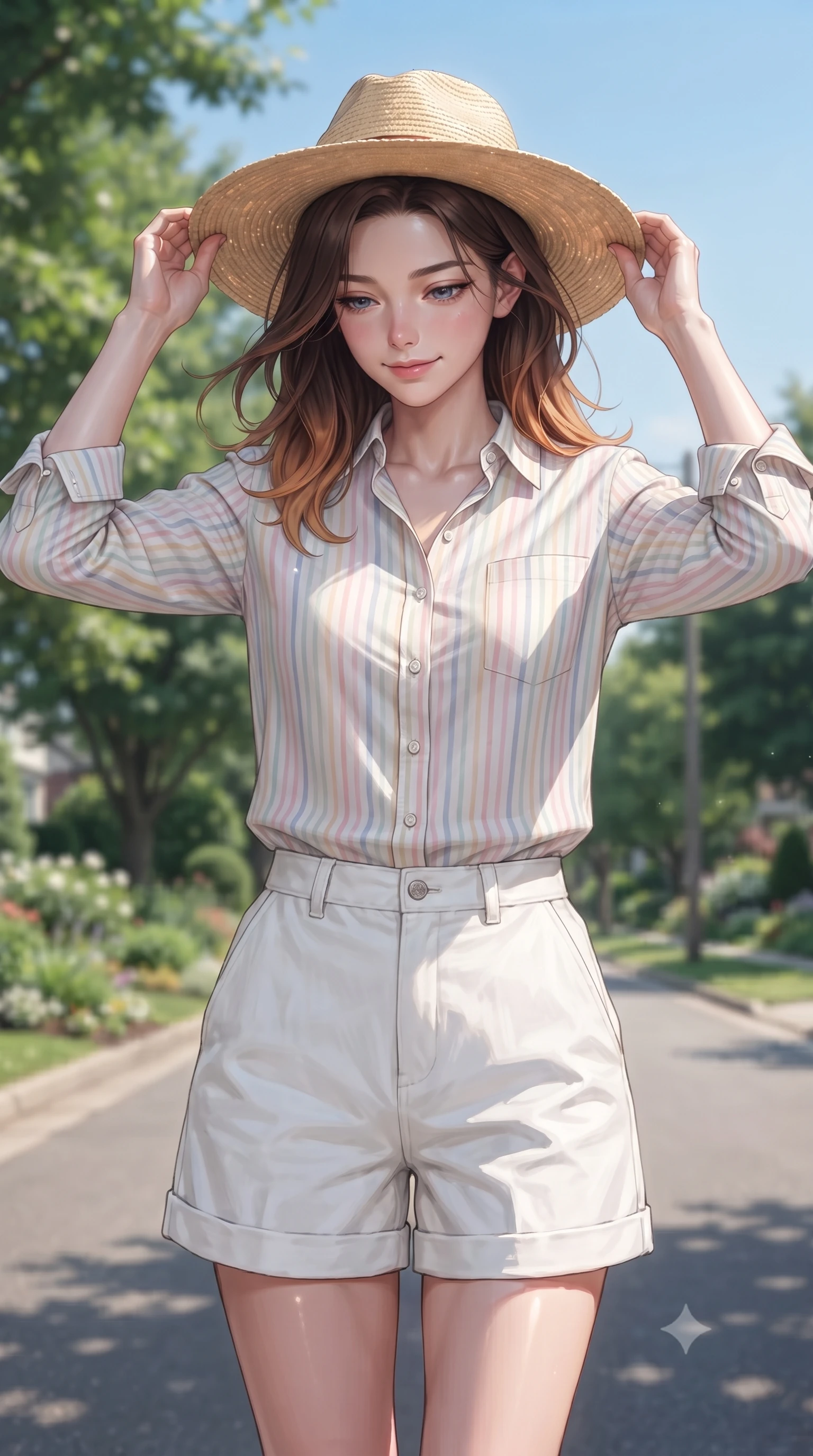 score_9, masterpiece, best quality, ultra-detailed, high-budget anime keyframe, editorial fashion photography, tasteful artistic composition, Korean woman woman. close-up cowboy shot from the waist and thighs up, the character dominates the composition, filling the frame with her large presence, background elements kept in soft focus. holding a wide-brimmed straw hat with both hands against the breeze, looking down with a soft smile the background shows a soft-focus a quiet residential street lined with green trees and neat gardens under a clear sky. She has an exceptionally elegant, slender, and willowy female figure with an ultra-slim waist, a gracefully sculpted slender torso, and a refined silhouette. sharp v-shaped jawline, high-bridge nose, intricate jewel-like eyes with depth, thick eyelashes, glossy lips with a natural sheen. wearing a slim-fit soft striped linen button-down shirt and relaxed-fit white cotton shorts. soft dappled sunlight filtering through roadside tree leaves. ultra-reflective glossy finish, specular highlights, metallic sheen, high-contrast stereoscopic depth, volumetric dynamic lighting, 2k, ultra detail, master piece, 9:16 ratio