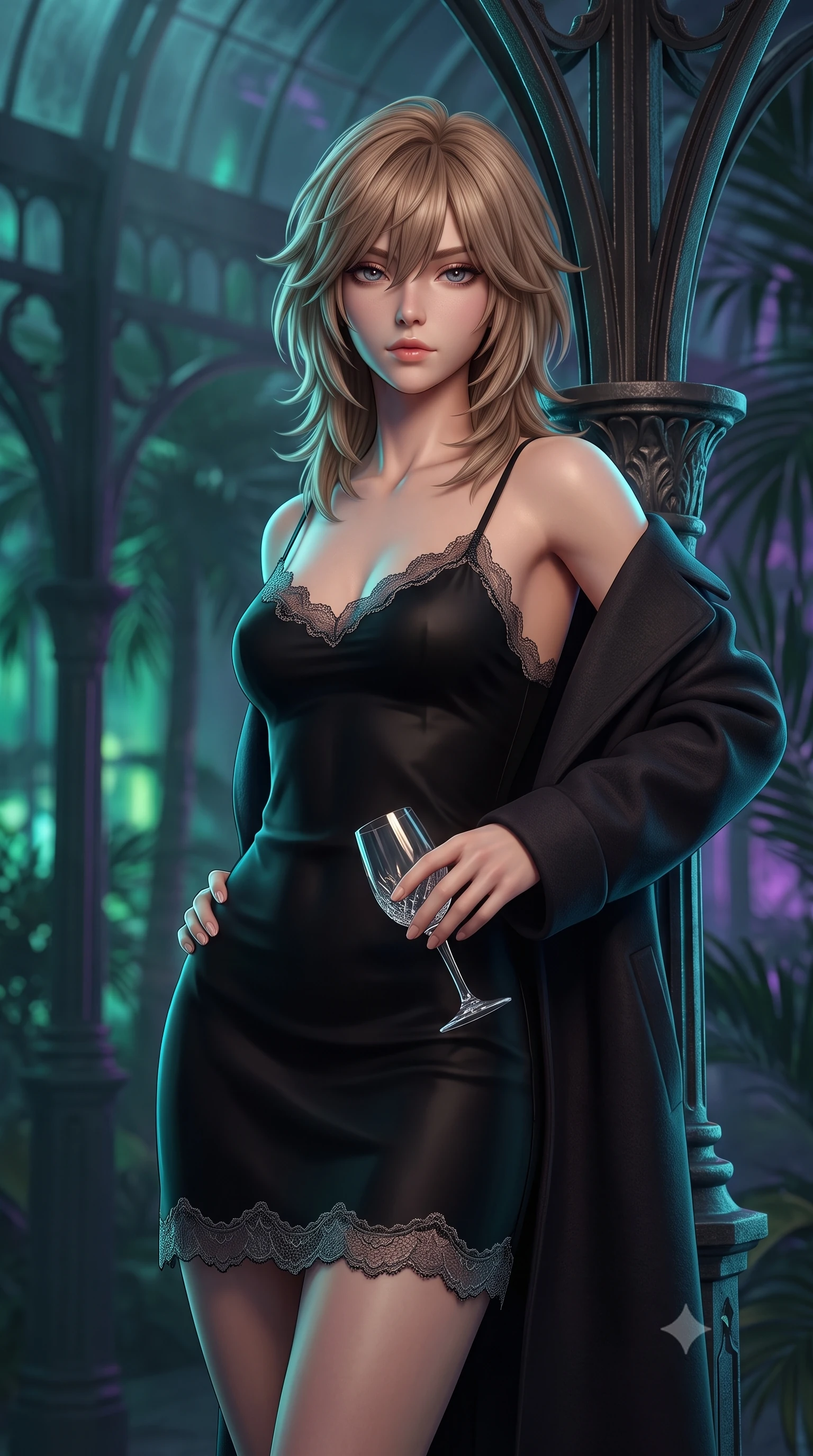 score_9, masterpiece, best quality, ultra-detailed, high-budget anime keyframe, semi-realistic 3D game render, editorial fashion photography, tasteful artistic composition, Japanese woman. close-up cowboy shot from the waist and thighs up, the character dominates the composition, filling the frame with her large presence. twisting her slender torso in an alluring contrapposto stance, one hand resting on her sculpted hip while holding a crystal glass with effortless poise while leaning against a soaring cast-iron structural rib with hips cocked back, casting a smoldering bedroom-gaze through tropical night mist. The composition keeps background elements in soft focus with dreamy creamy bokeh. soaring Victorian glass conservatory ribs and towering tropical palms backlit by midnight neon blurred into deep jade, violet, and sapphire bokeh. She has an exceptionally elegant, slender, and willowy female figure with an ultra-slim waist, flat toned midriff, narrow ribcage, and sculpted feminine hips creating an alluring, slim hourglass silhouette without bulk. sharp v-shaped jawline, high-bridge nose, intricate jewel-like dark sparkling eyes with dangerous depth, thick curled eyelashes, glossy parted lips with a rich wine sheen, smoldering seductive half-smile with bedroom-eyes, exuding effortless superiority and intoxicating dark allure, flawlessly proportioned anatomical accuracy, strict slender model proportions, natural body alignment, perfectly sculpted long slender limbs, ultra-slim waistline, clean dynamic posture without body distortion. wearing a strappy black silk slip dress with delicate lace scallop edging along the neckline and hem in shimmering pewter and noir velvet black, tailored from fine lightweight midnight wool crepe with crisp architectural structure, complemented by an oversized dark cashmere coat draped casually over one shoulder, the form-contouring cut accentuating her sculpted flat midriff, narrow delicate ribcage, and gracefully curvy hips with sovereign high-fashion precision. illuminated by soft warm pathway lantern fill and sharp cyan rim light defining her sculpted clavicle, narrow waist, and curvy hips. highly saturated vibrant anime colors, detailed shading with soft gradients, rich glossy textures, high-contrast stereoscopic depth, volumetric dynamic lighting, master piece, 9:16 ratio