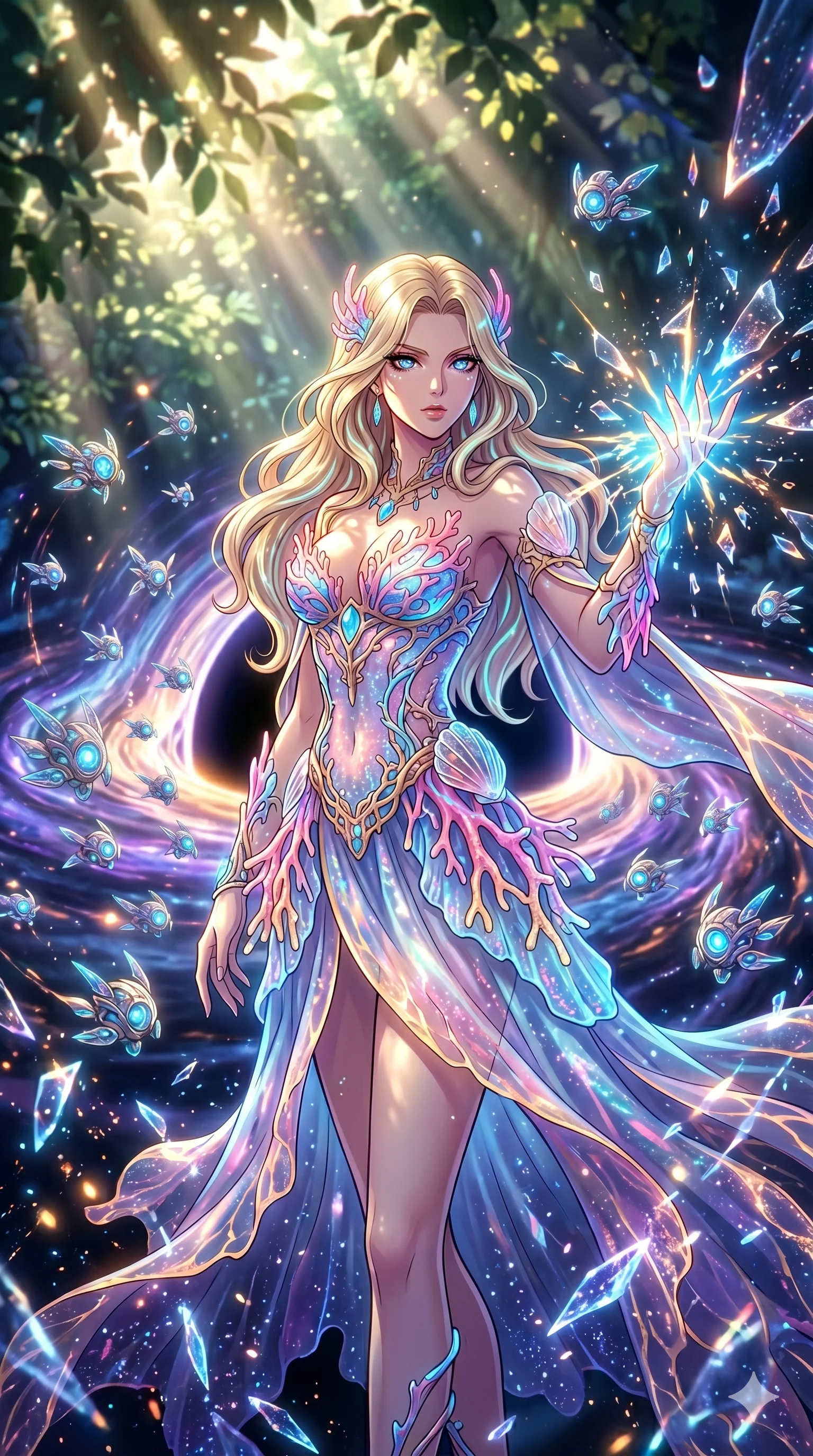 score_9, masterpiece, best quality, ultra-detailed, Set A: High-budget Anime Keyframe, Caucasian (human ears) woman. Upper body close-up from the thighs up, character filling the screen for maximum presence. Theme: Historical Remix. shattering the fabric of reality in the edge of a black hole, surrounded by 29 hovering guardian drones. The atmosphere is filled with cinematic sunlight through leaves. She has an absolutely perfect 8-heads proportion, an exceptionally tall and slender female figure with impossibly long slender legs and an ultra-slim waist. Sharp v-shaped jawline, high-bridge nose, intricate jewel-like eyes with depth, glossy lips. Wearing Bioluminescent coral-reef dress with transparent shell-textured accessories. Cinematic lighting, vivid colors, dramatic shadows, 2k, ultra detail, master piece, 9:16 ratio