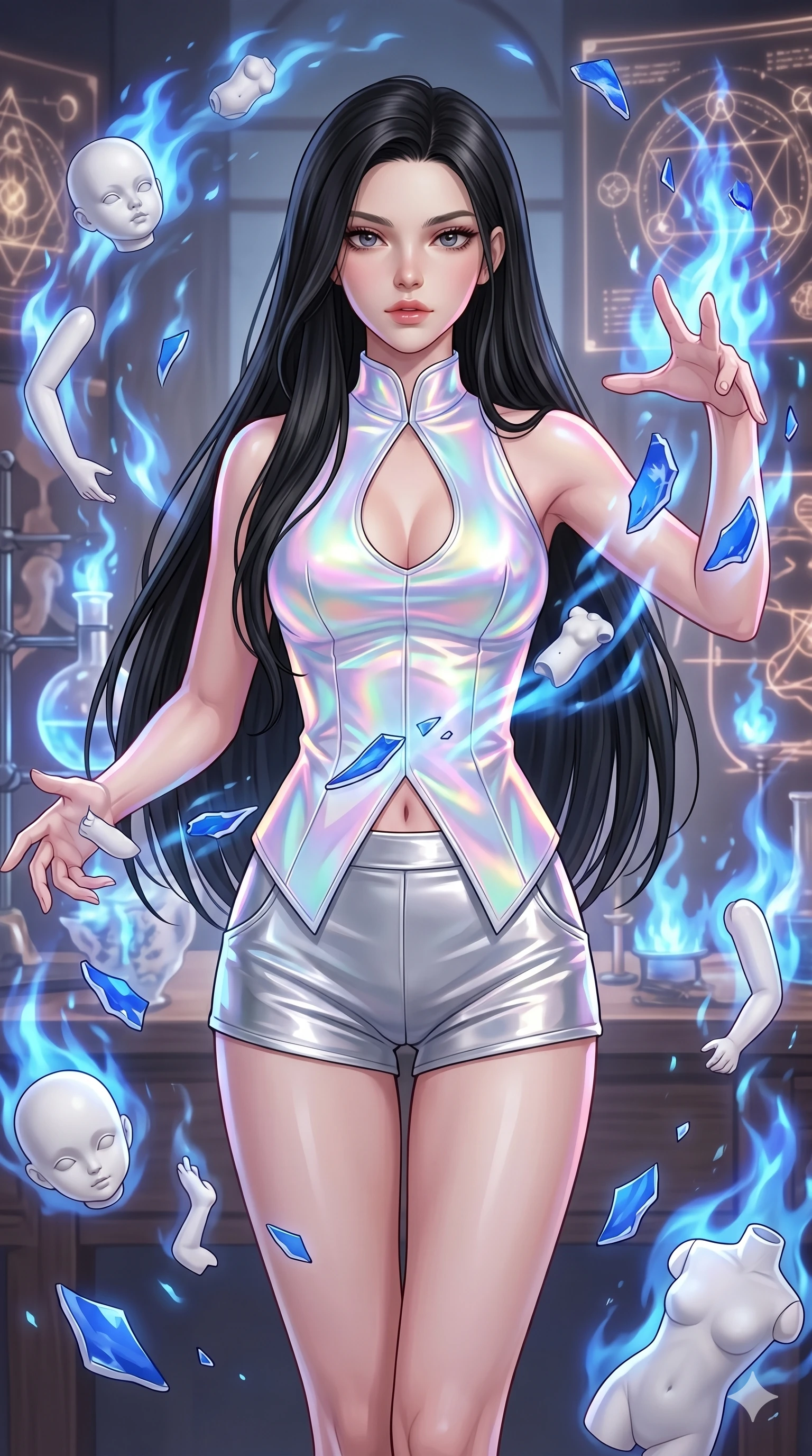 score_9, masterpiece, best quality, ultra-detailed, high-budget anime keyframe, Caucasian woman, strictly human ears. upper body close-up from the thighs up, character filling the screen for maximum presence. assisting in an alchemical porcelain workshop where floating white bisque doll parts and blue porcelain shards swirl amidst blue alchemical flames. She has an absolutely perfect 8-heads proportion, an exceptionally tall and slender female figure with impossibly long slender legs and an ultra-slim waist. V-shaped jawline, high-bridge nose, intricate jewel-like eyes with depth, thick eyelashes, glossy lips with a natural sheen.. wearing a holographic liquid silk vest and silver metallic tailored tailored mini shorts, featuring a keyhole cutout and architectural silhouette. enhanced by a luminous pastel spectrum glow, casting elegant rim lights on her shoulders and jawline. 2k, ultra detail, master piece, 9:16 ratio
