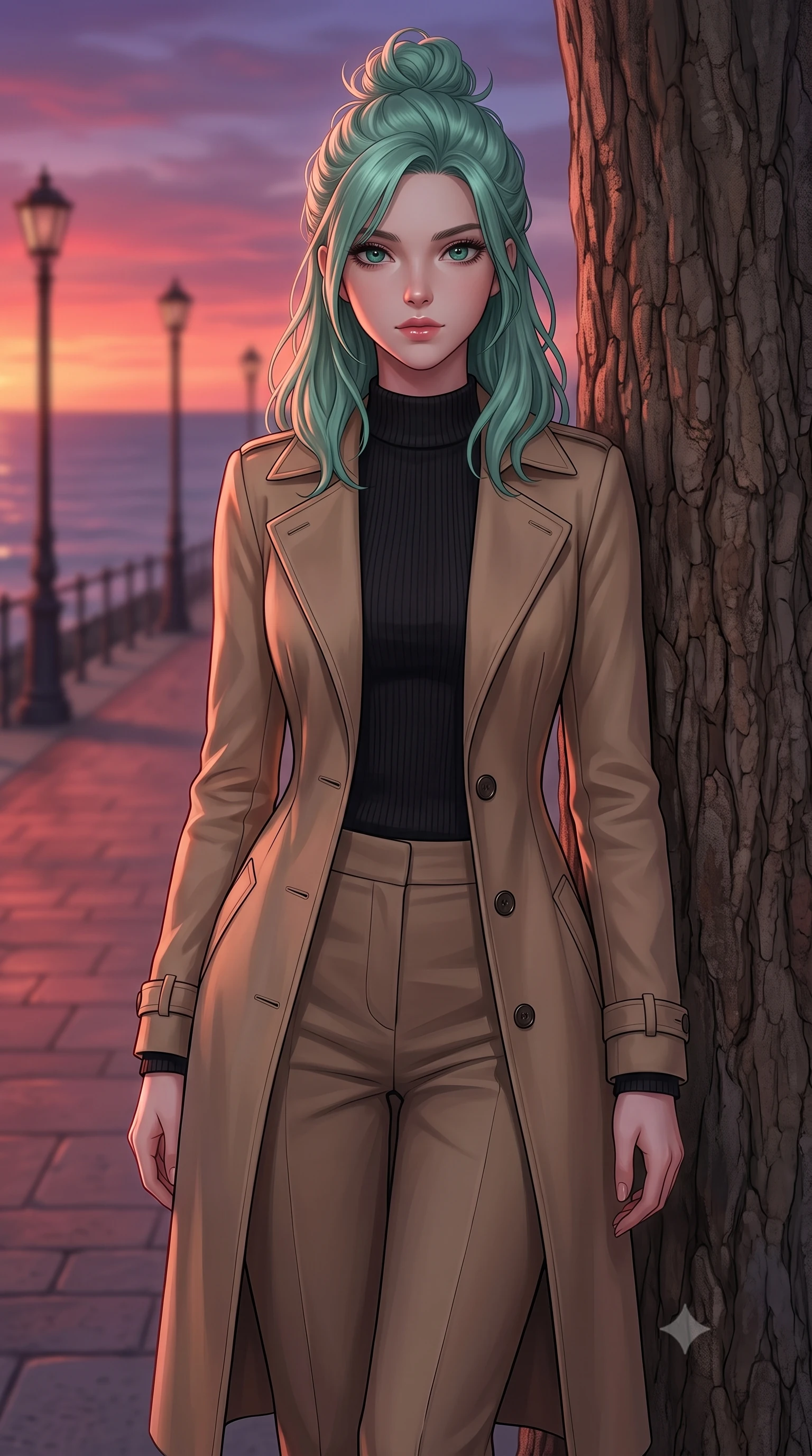 score_9, masterpiece, best quality, ultra-detailed, high-budget anime keyframe, editorial fashion photography, tasteful artistic composition, Japanese woman woman. close-up cowboy shot from the waist and thighs up, the character dominates the composition, filling the frame with her large presence, background elements kept in soft focus. standing relaxed against a tree trunk, sharing a quiet, serene moment with the viewer the background shows a soft-focus a paved promenade with classic lamp posts overlooking a calm sea at sunset. She has an exceptionally elegant, slender, and willowy female figure with an ultra-slim waist, a gracefully sculpted slender torso, and a refined silhouette. sharp v-shaped jawline, high-bridge nose, intricate jewel-like eyes with depth, thick eyelashes, glossy lips with a natural sheen. wearing a body-hugging tailored trench coat in khaki cotton, worn over a black mock-neck knit sweater and straight-cut trousers. the warm red and violet glow of twilight reflecting on the pavement. 2k, ultra detail, master piece, 9:16 ratio