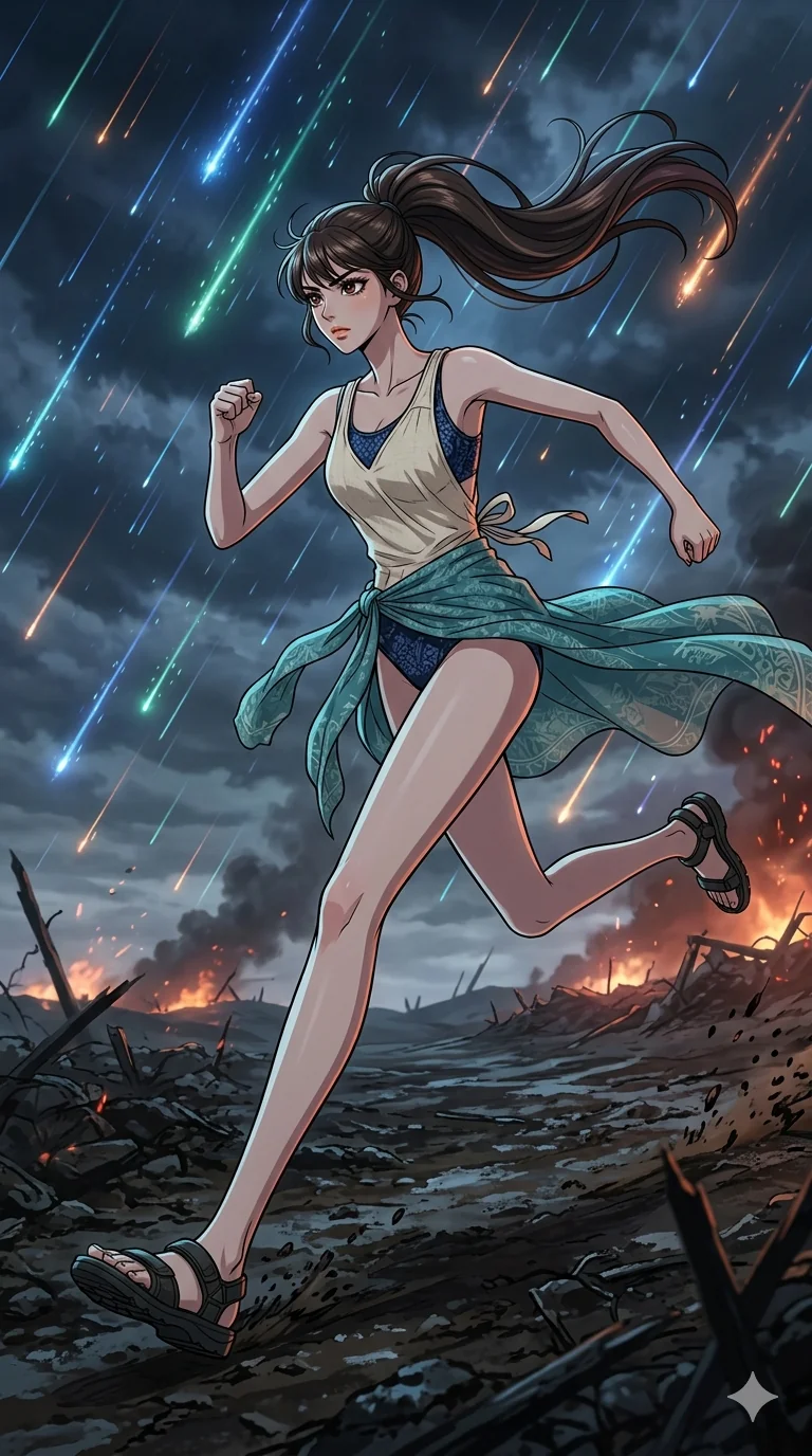 score_9, masterpiece, best quality, ultra-detailed, high-budget anime movie keyframe, cinematic anime lighting, intricate line art, Korean anime girl. Dynamic full-body shot stretching the vertical silhouette with extreme perspective. sprinting through a battlefield under a rain of falling stars. She has an absolutely perfect 8-heads proportion, an exceptionally tall and slender female figure with an ultra-slim waist and impossibly long slender legs. strictly human anatomy, two legs only, no extra limbs, clearly defined legs and arms, perfect anatomy, perfect hands and fingers. sharp v-shaped jawline, high-bridge nose, intricate jewel-like eyes, thick eyelashes, glossy lips. Wearing Seasonal/Resort: High-cut one-piece with sarong, linen sundress with tie-back, and sheer fabric wrap. The scene is illuminated by dramatic atmospheric lighting and vibrant color palettes. , 2k, ultra detail, master piece, 9:16 ratio